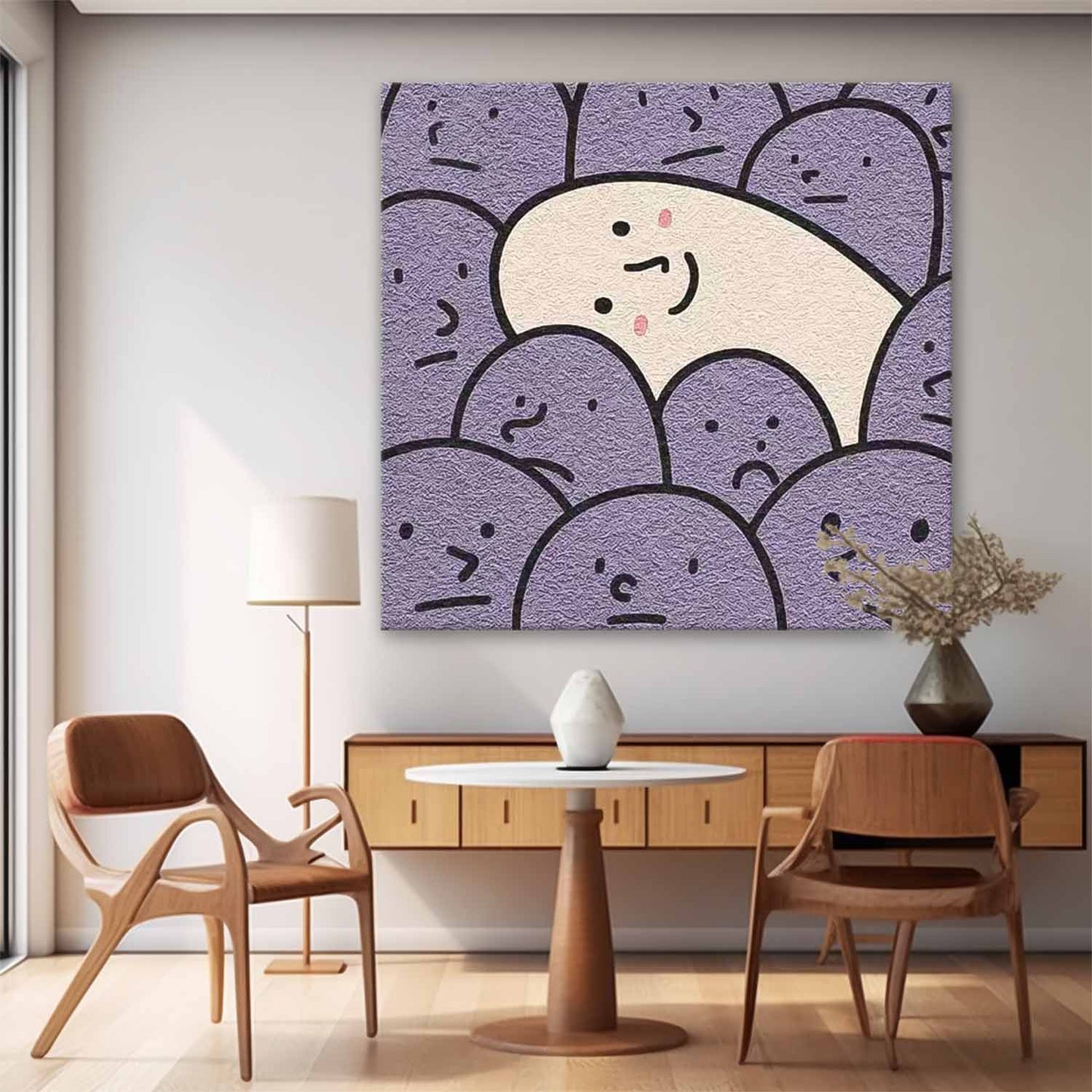 Charming Minimalist Oil Painting of Smiling Character Among Purple Faces