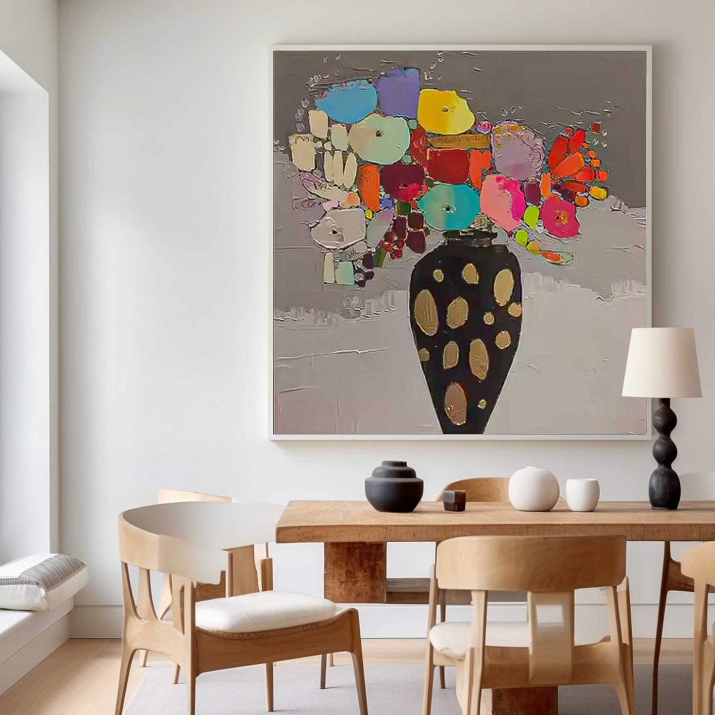 Vibrant Floral Still Life Oil Painting in Elegant Black Vase for Home Decor