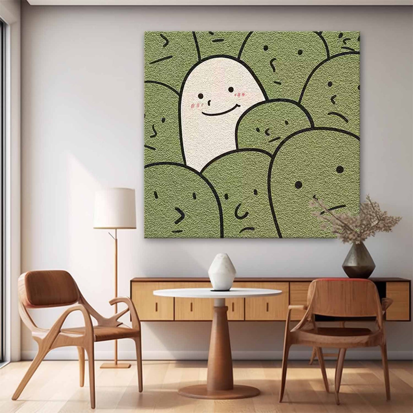 Unique Minimalist Oil Painting of Happy Character in a Crowd