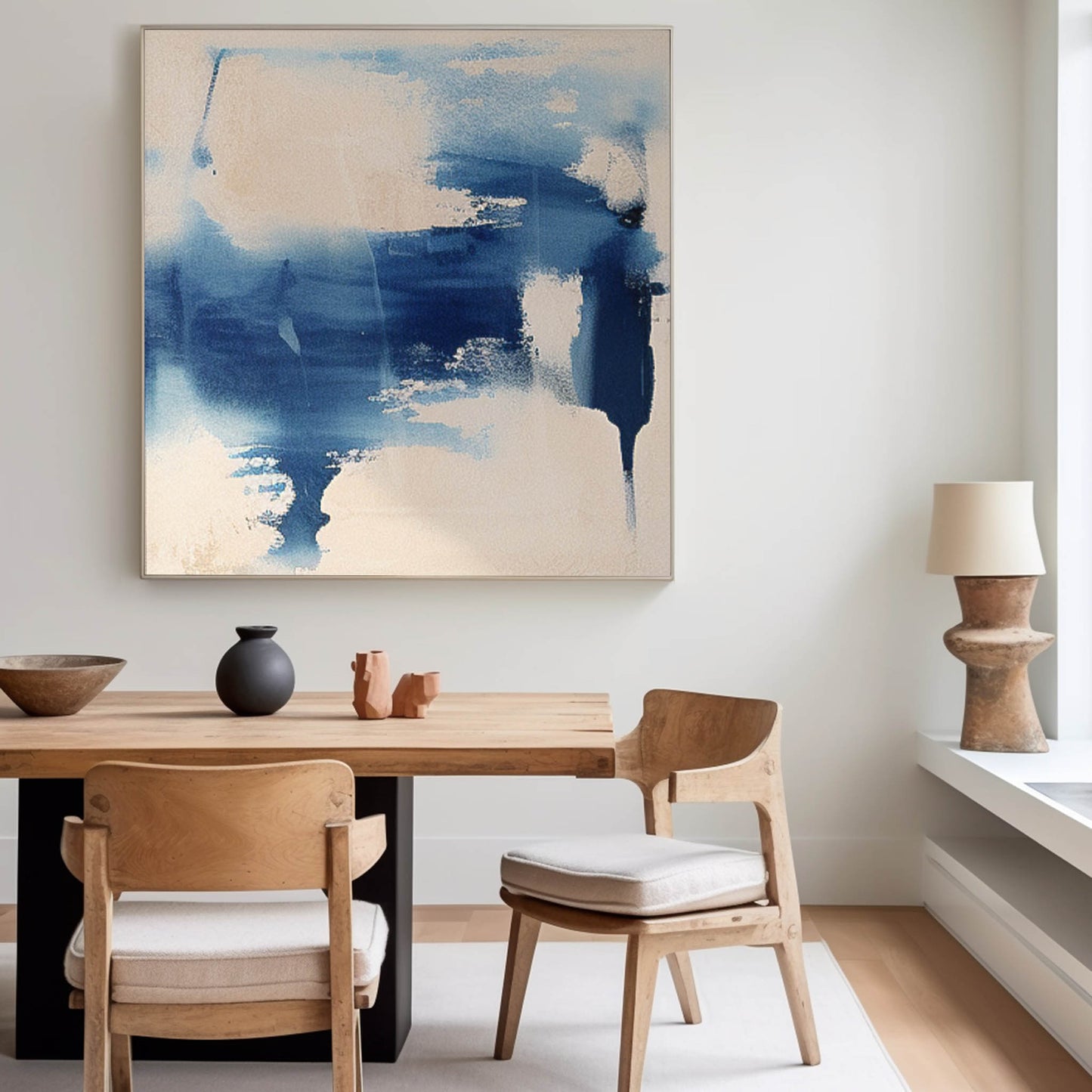 Contemporary Abstract Oil Painting in Blue and Cream for Modern Home Decor