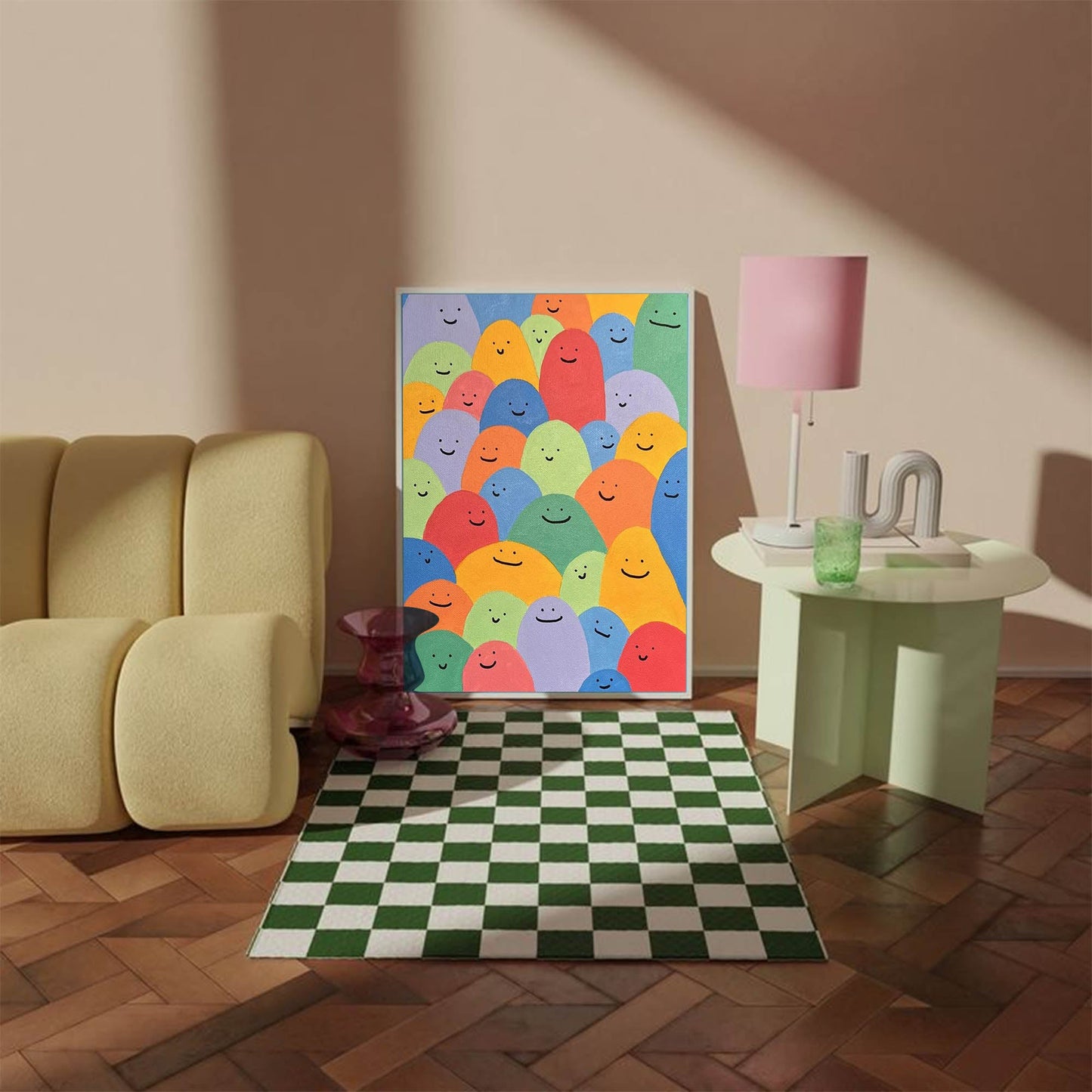Colorful Abstract Oil Painting of Happy Faces – Cheerful Canvas Wall Art Decor