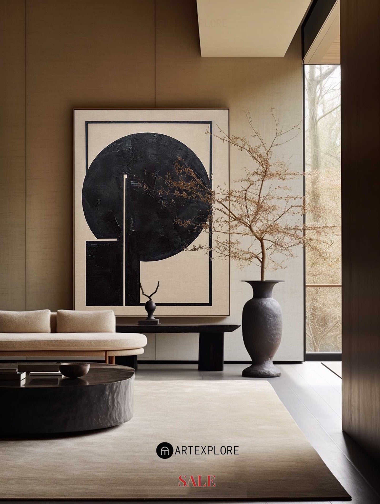 Bold Black Circle Modern Abstract Oil Painting for Contemporary Home Decor