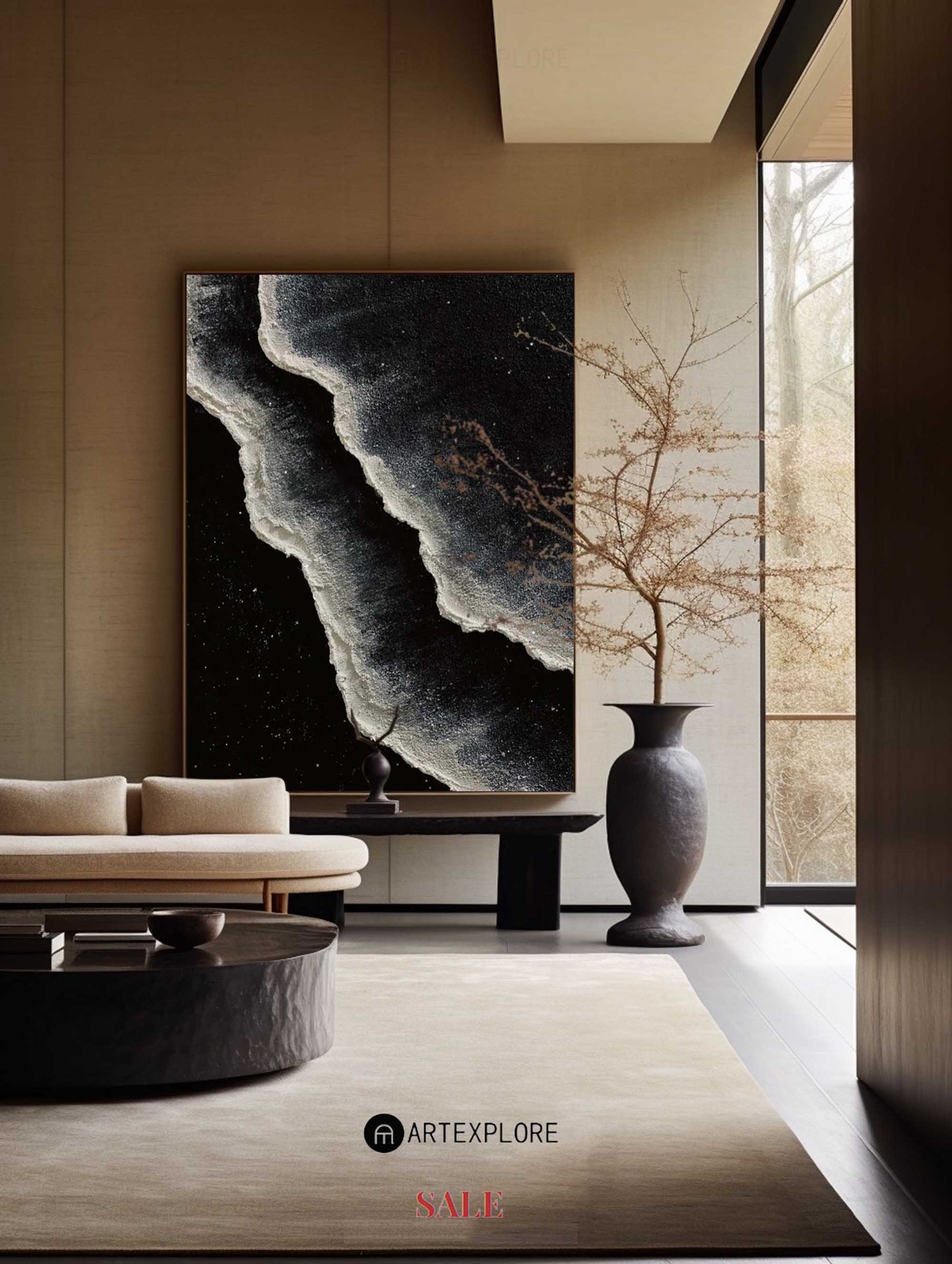 Monochrome Coastal Waves Oil Painting - Modern Black and White Art for Home Décor