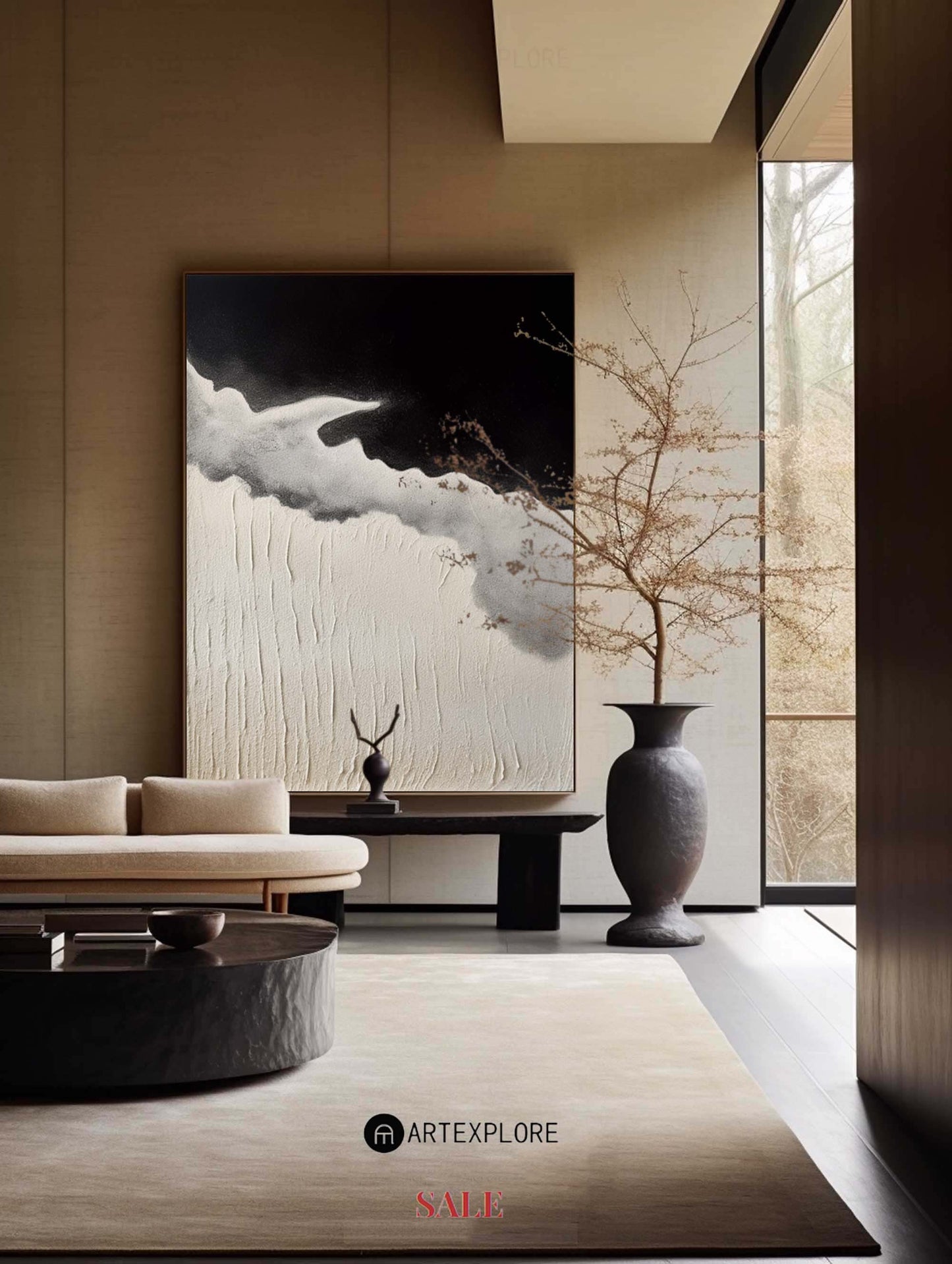 Modern Black and Beige Coastal Seascape Oil Painting for Contemporary Decor
