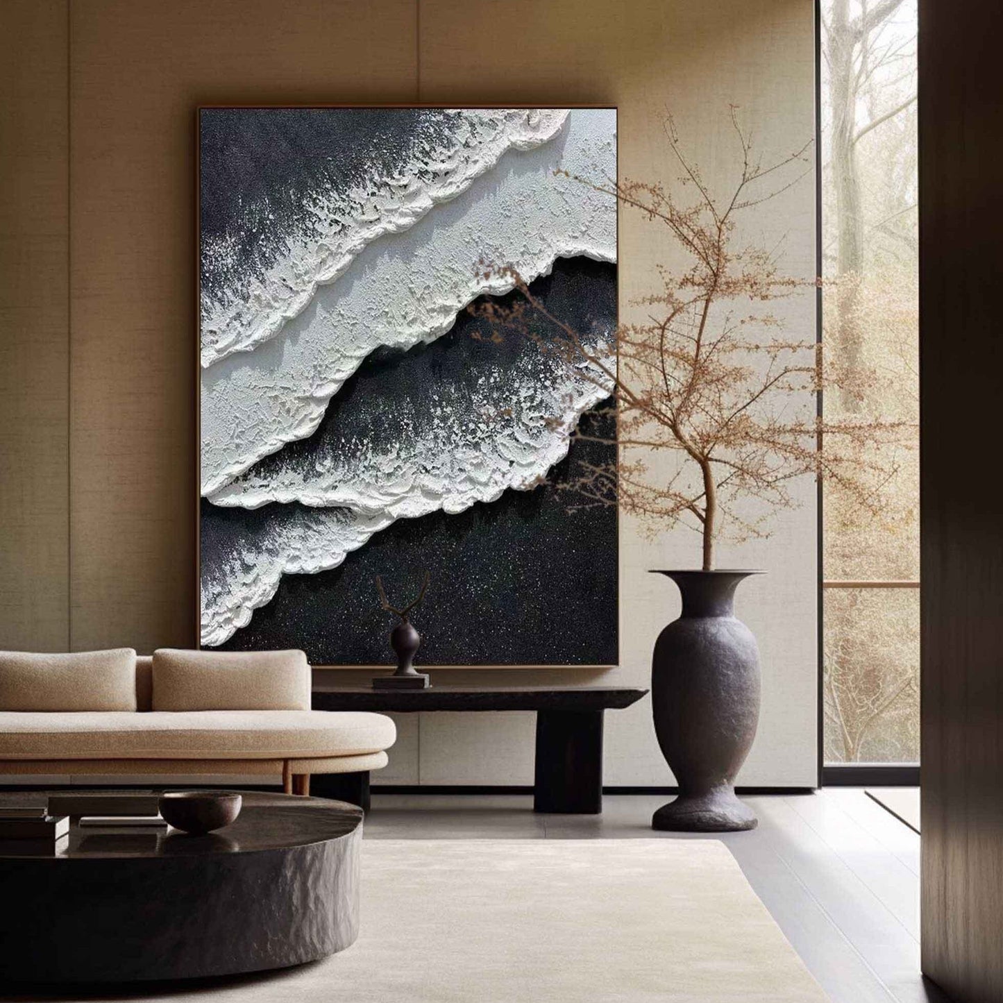 Monochrome Seascape Oil Painting with Textured Waves and Elegance