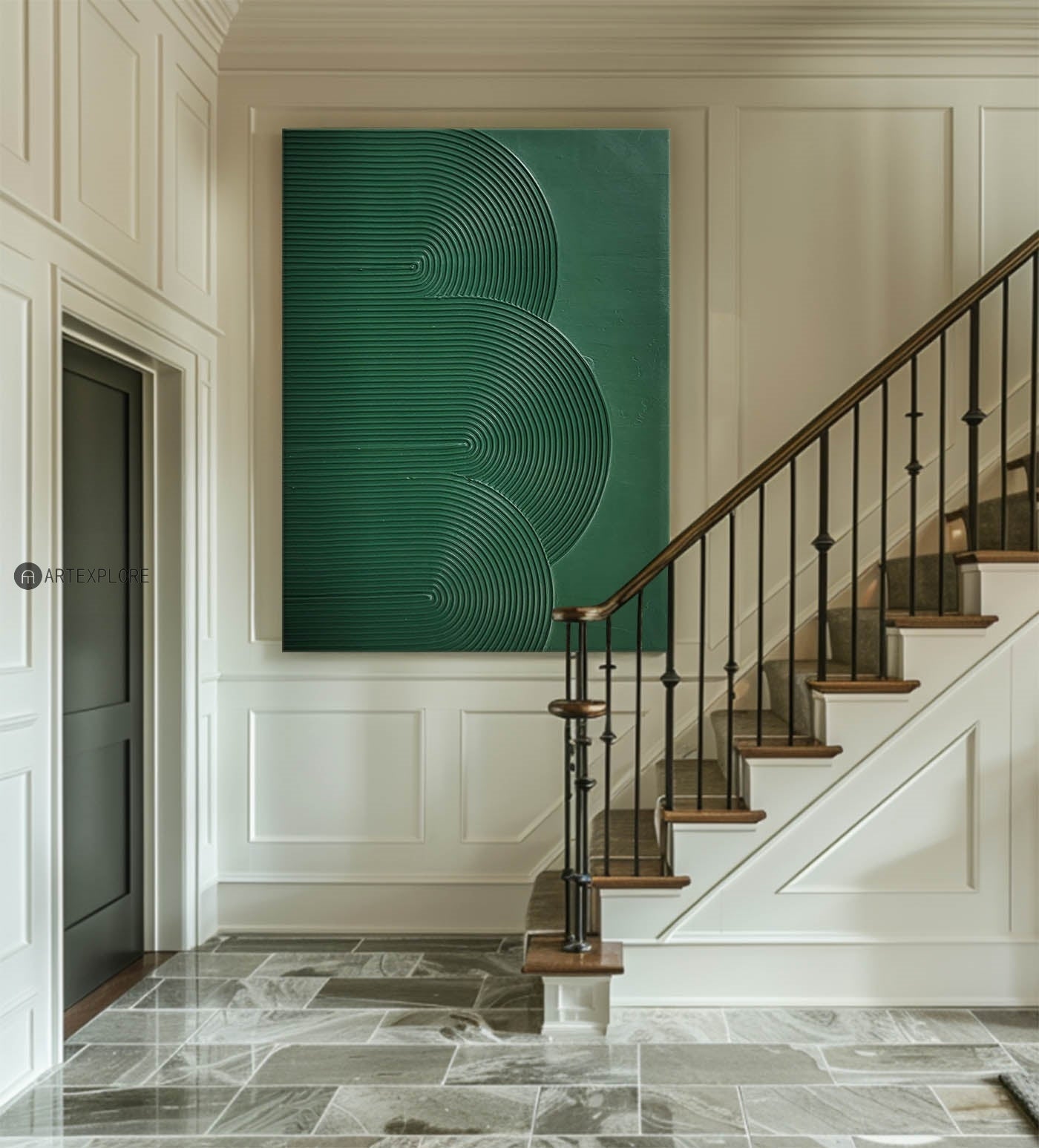 Lush Green Minimalist Oil Painting with Abstract Line Design for Modern Decor