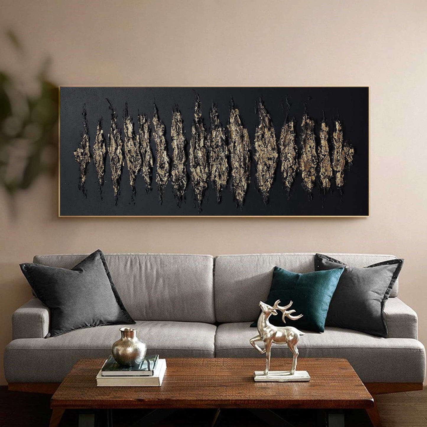 Contemporary Gold and Black Abstract Oil Painting for Modern Home Decor