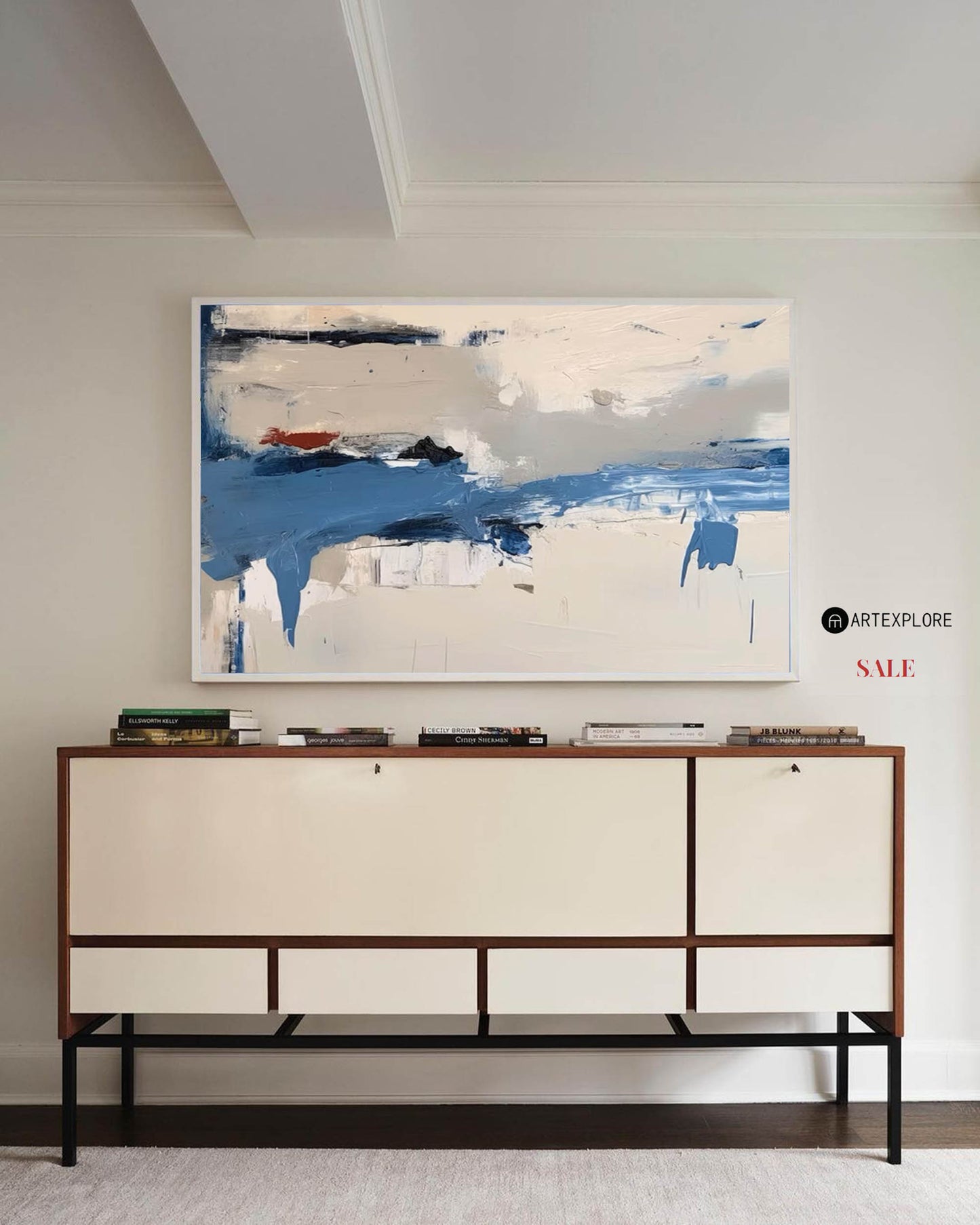 Contemporary Blue and White Abstract Oil Painting for Modern Home Décor