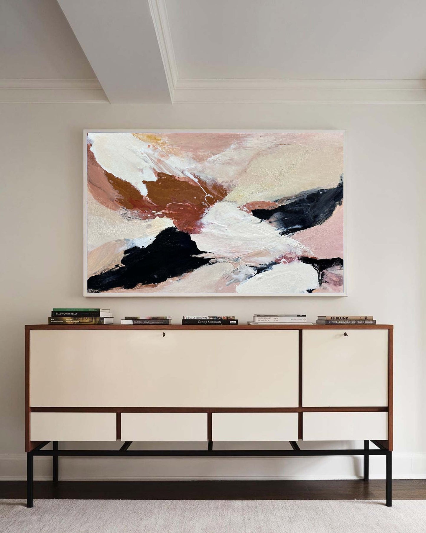 Contemporary Abstract Oil Painting in Soft Neutrals and Bold Contrasts