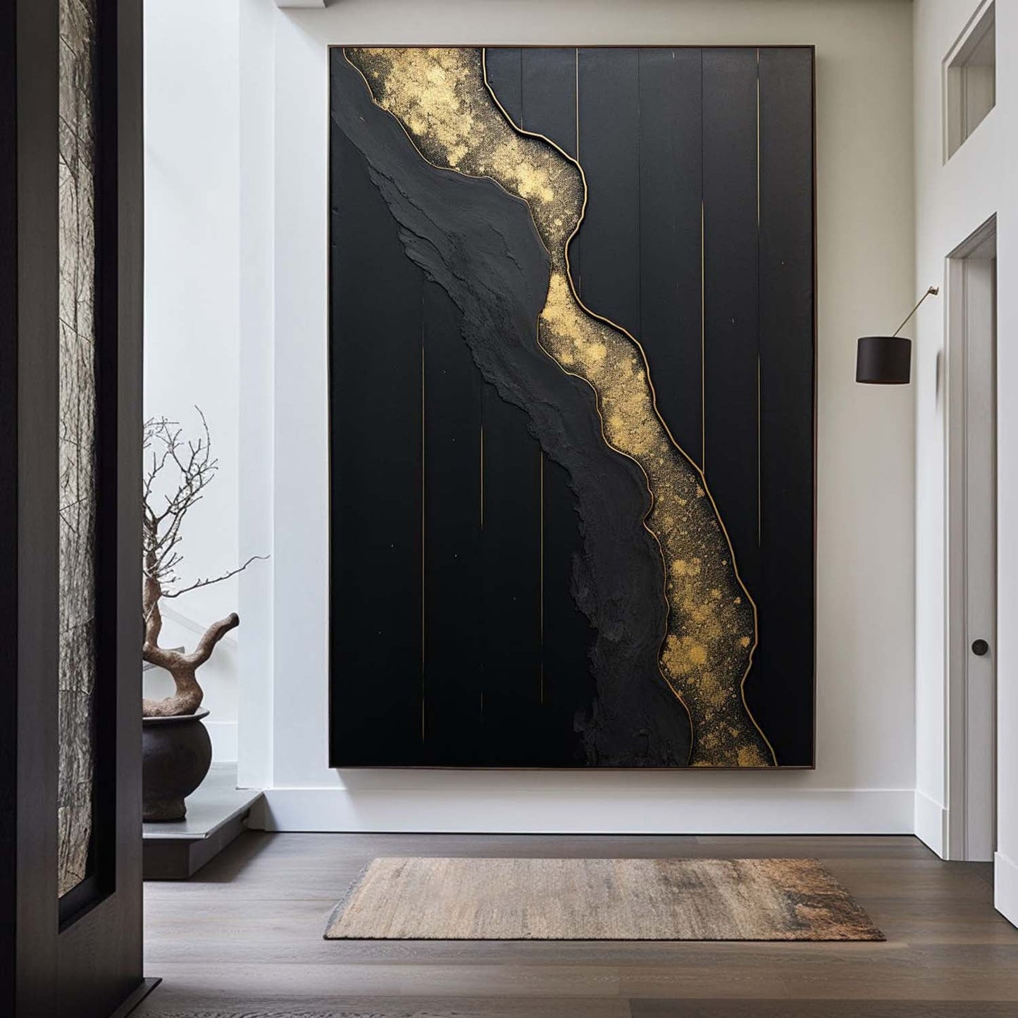 Elegant Black and Gold Minimalist Abstract Oil Painting for Modern Home Decor