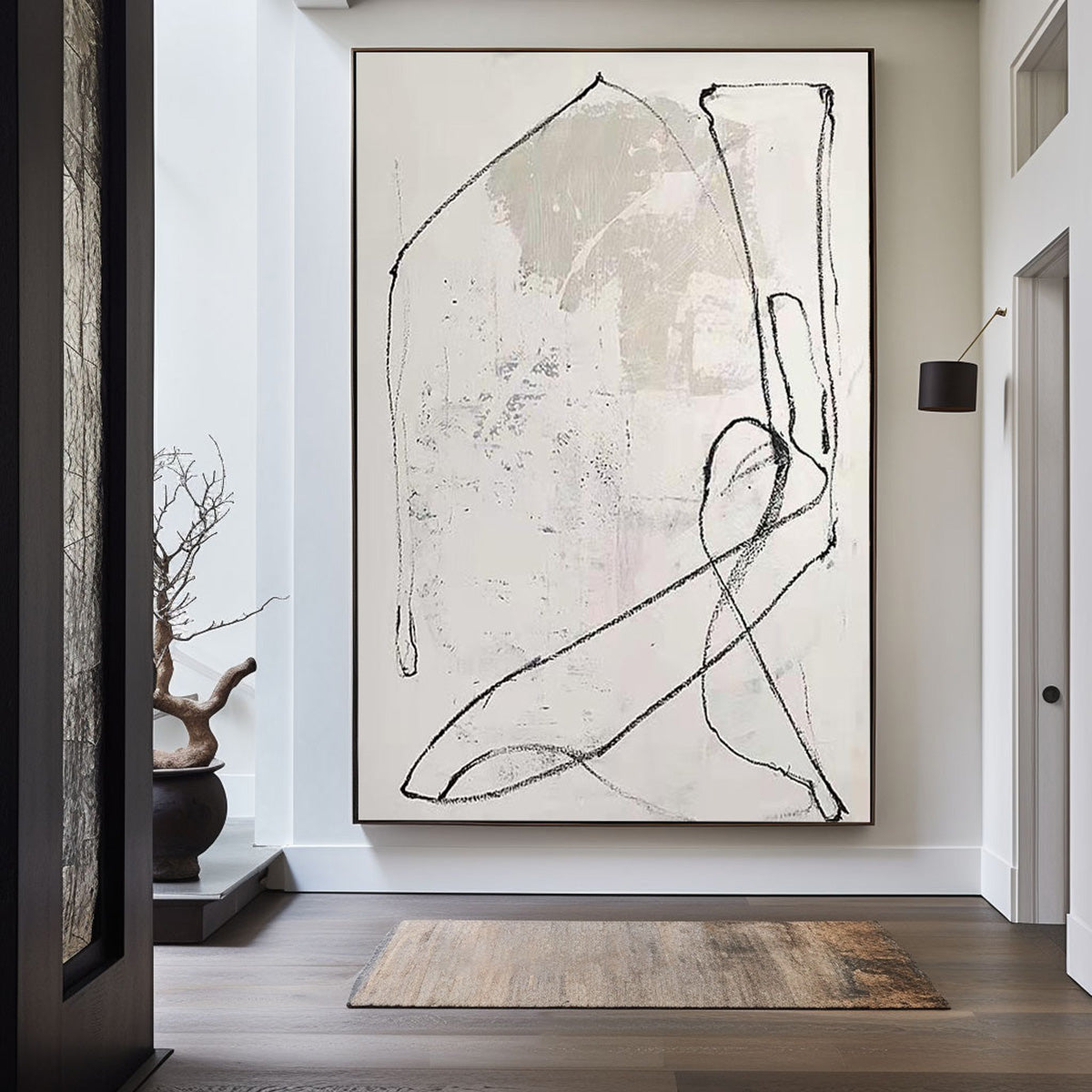 Contemporary White Abstract Oil Painting with Minimalist Line Art Design