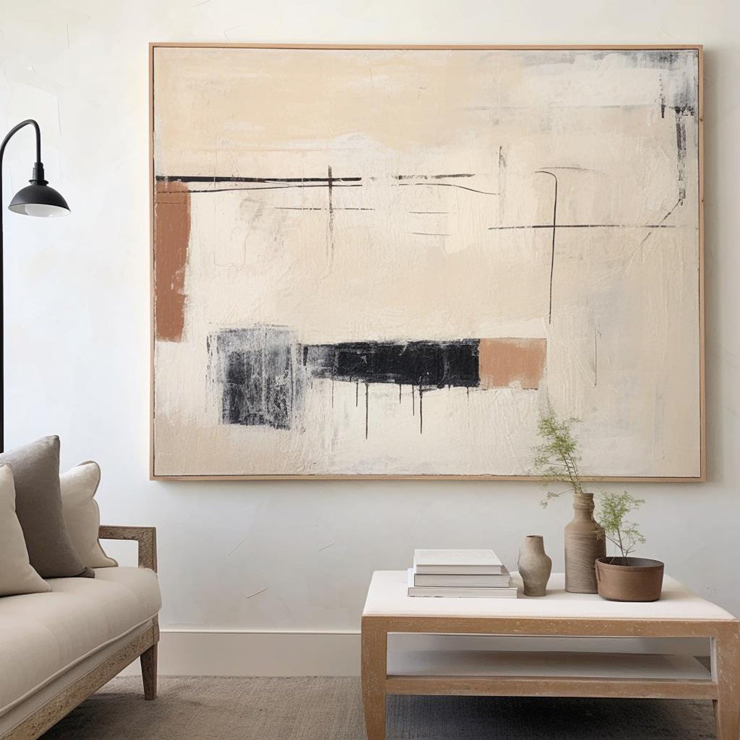 Contemporary Minimalist Oil Painting with Abstract Shapes and Neutral Tones