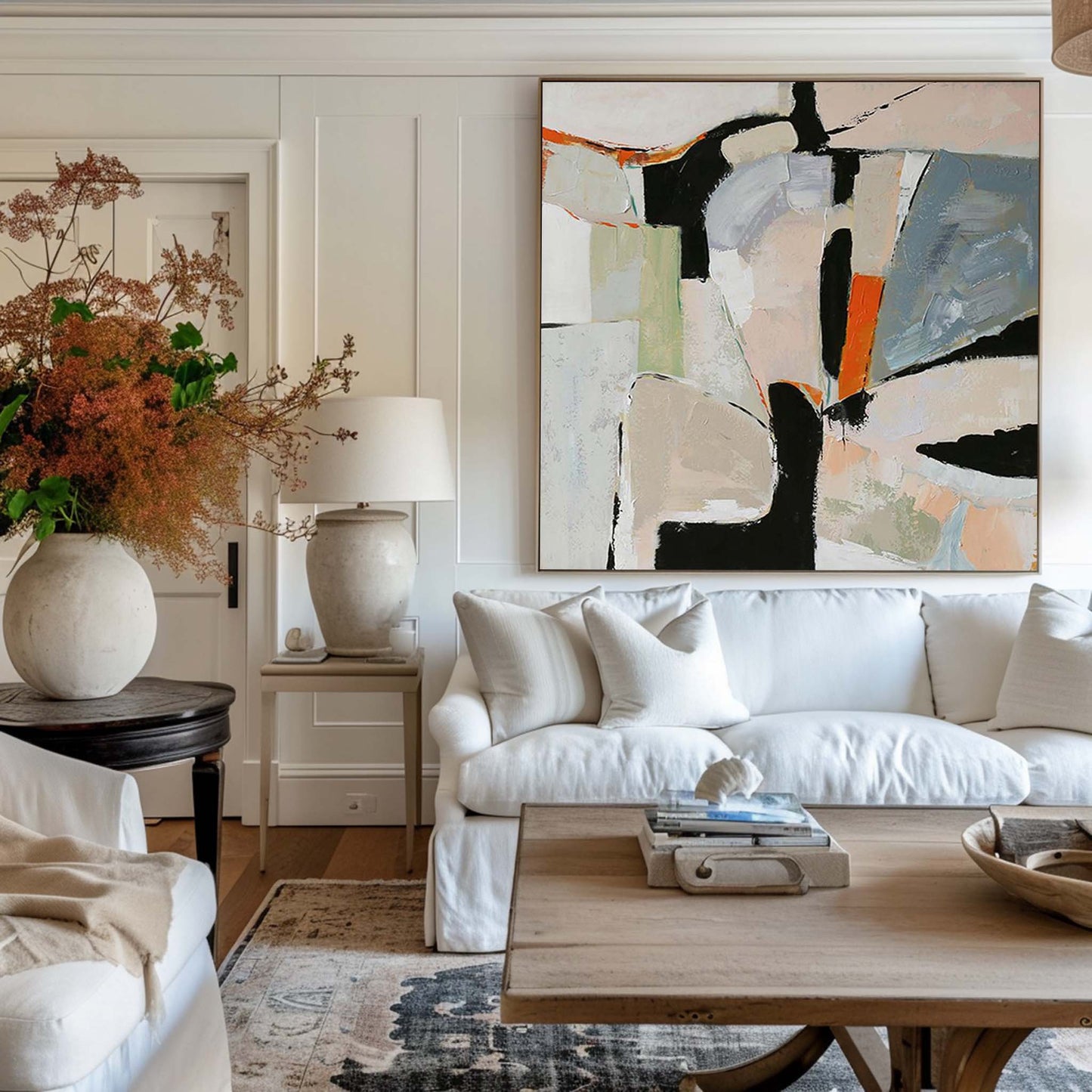 Modern Abstract Oil Painting with Geometric Shapes and Soft Colors