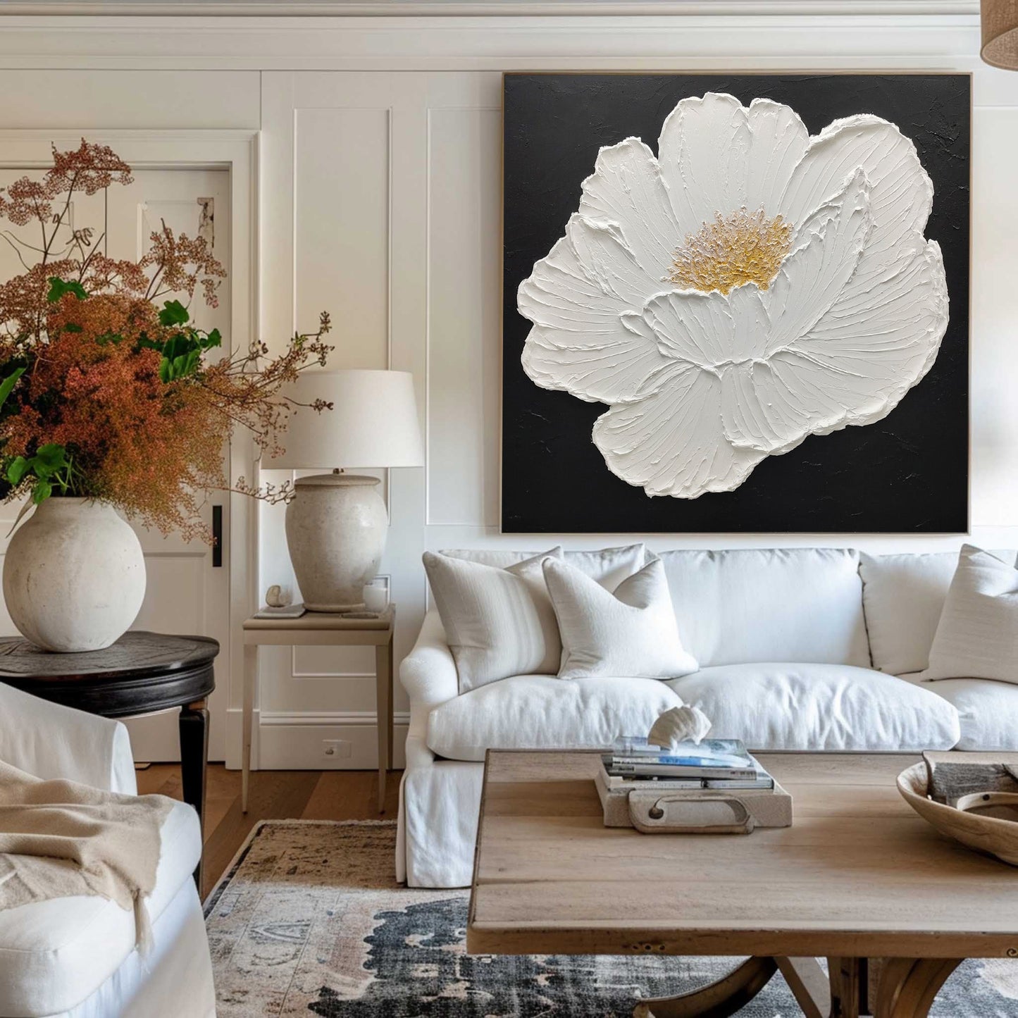 Elegant White Flower Oil Painting on Black Canvas - Modern Abstract Art Decor