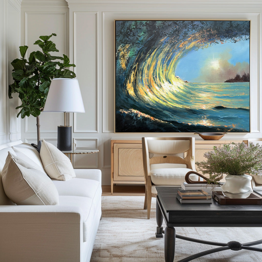 Vibrant Sunrise Wave Oil Painting for Coastal Art Lovers