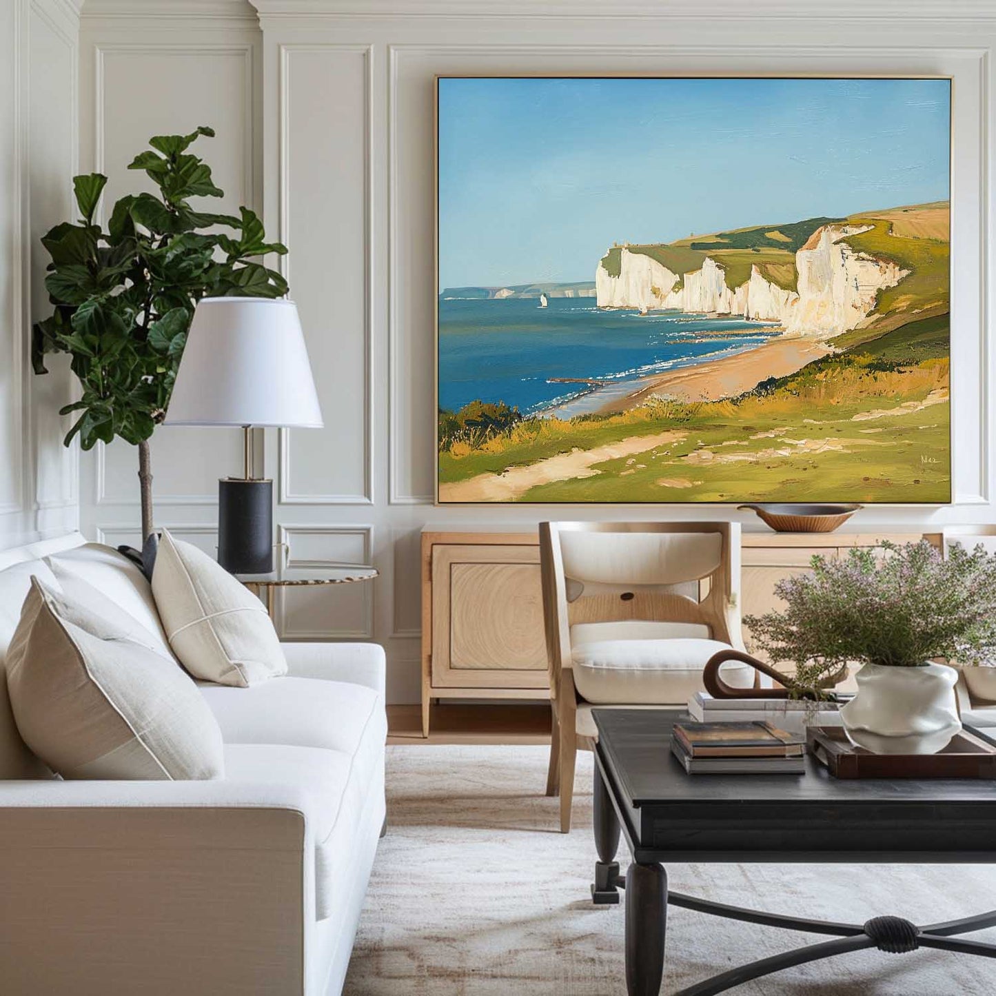 Coastal Serenity: Vibrant Oil Painting of Cliffs and Ocean