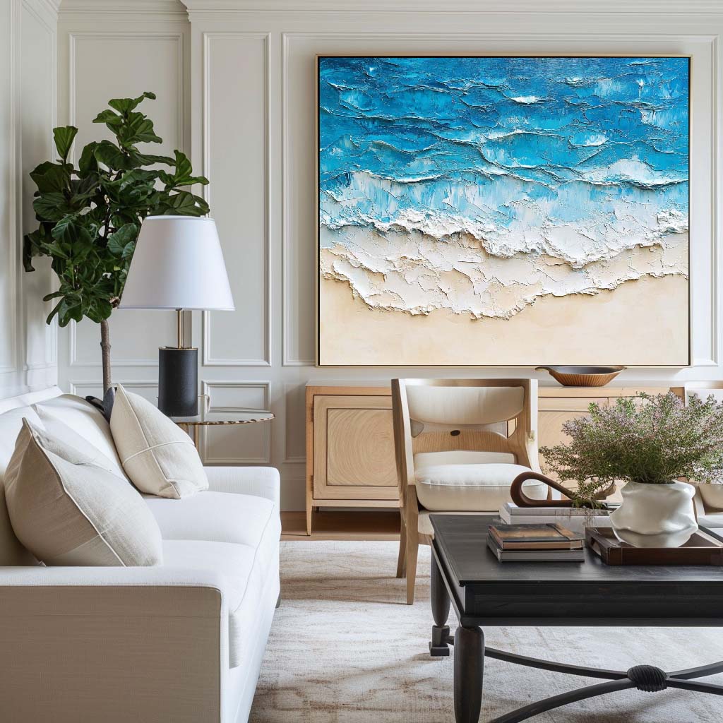 Tranquil Coastal Waves Oil Painting for Beach House Decor