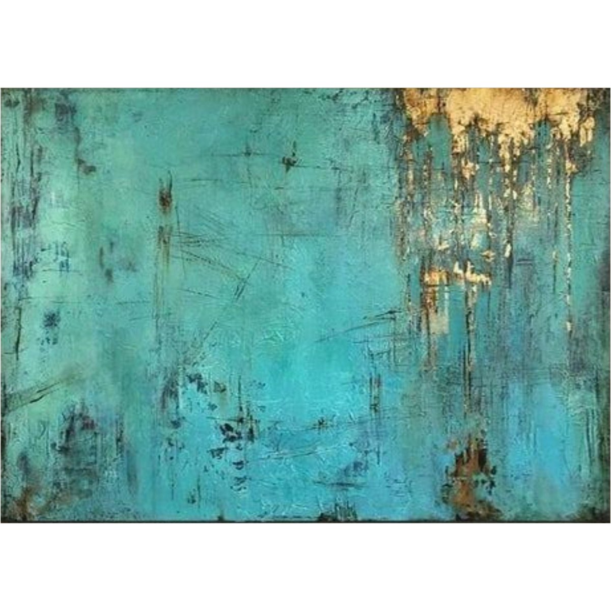 Bold Abstract Oil Painting in Teal with Gold Accents for Modern Home Decor