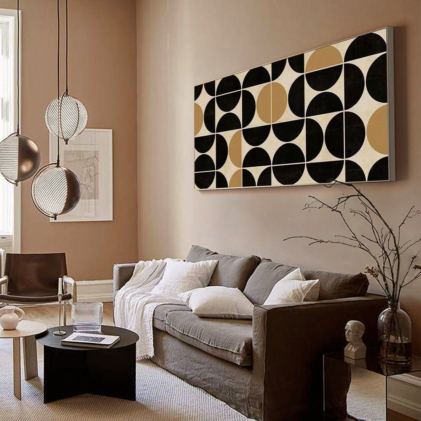 Abstract Geometric Oil Painting in Black, Gold, and Cream for Modern Decor