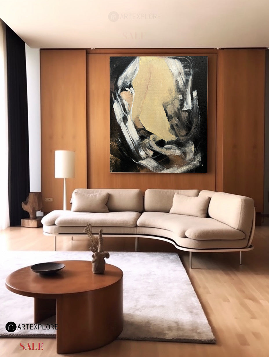 Contemporary Black and Gold Abstract Oil Painting for Modern Home Decor