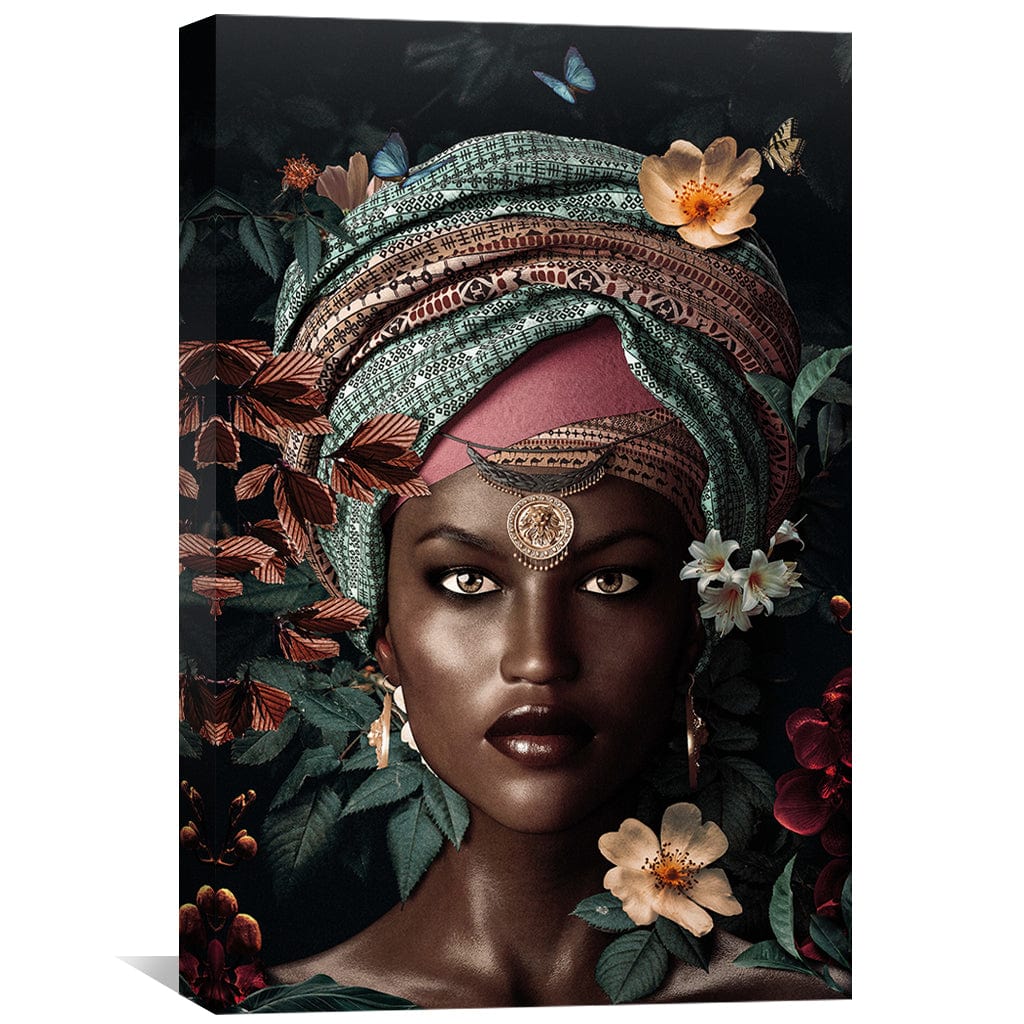 Elegant African Woman Portrait with Floral Accents in Canvas Art