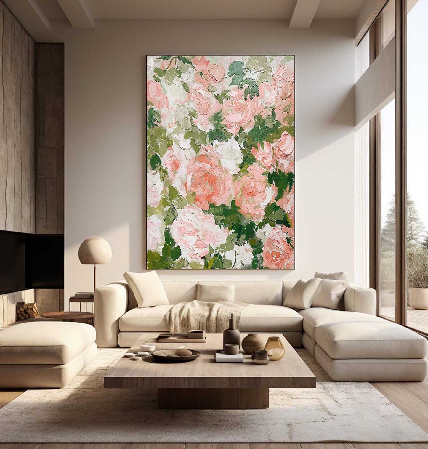Vibrant Floral Oil Painting with Pink Roses and Green Leaves for Elegant Home Decor