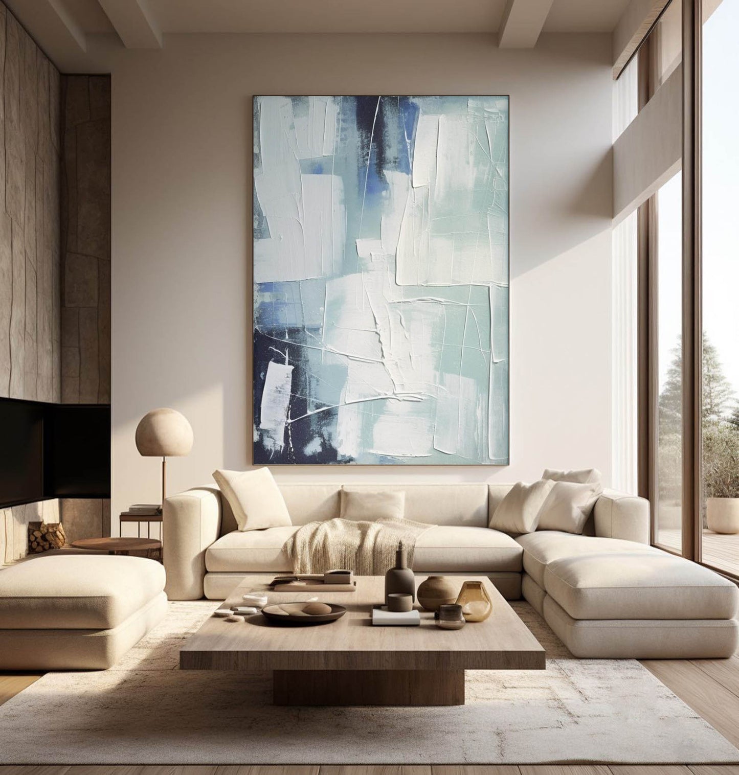 Abstract Blue and White Oil Painting for Modern Home Decor