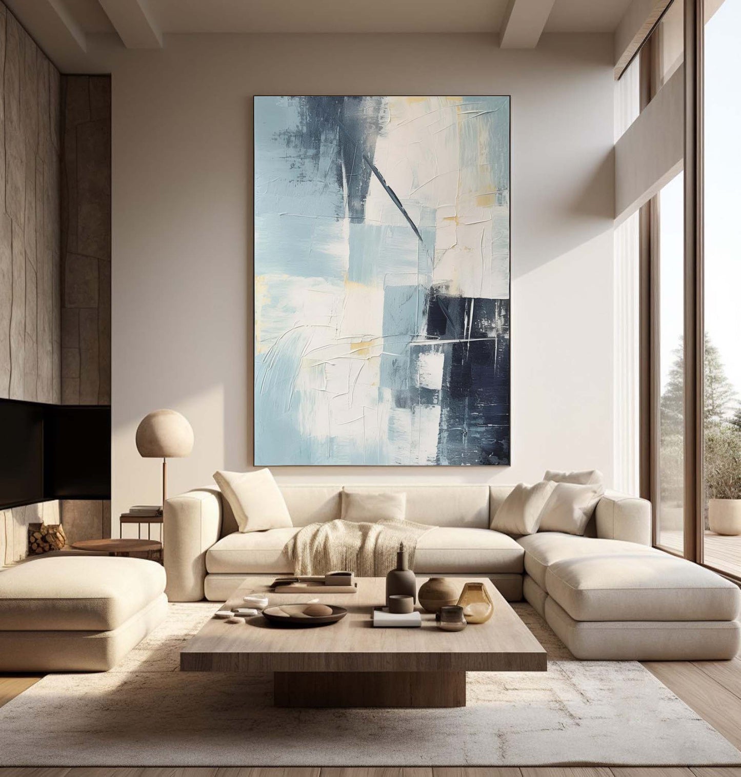 Abstract Blue and White Oil Painting for Modern Home Decor