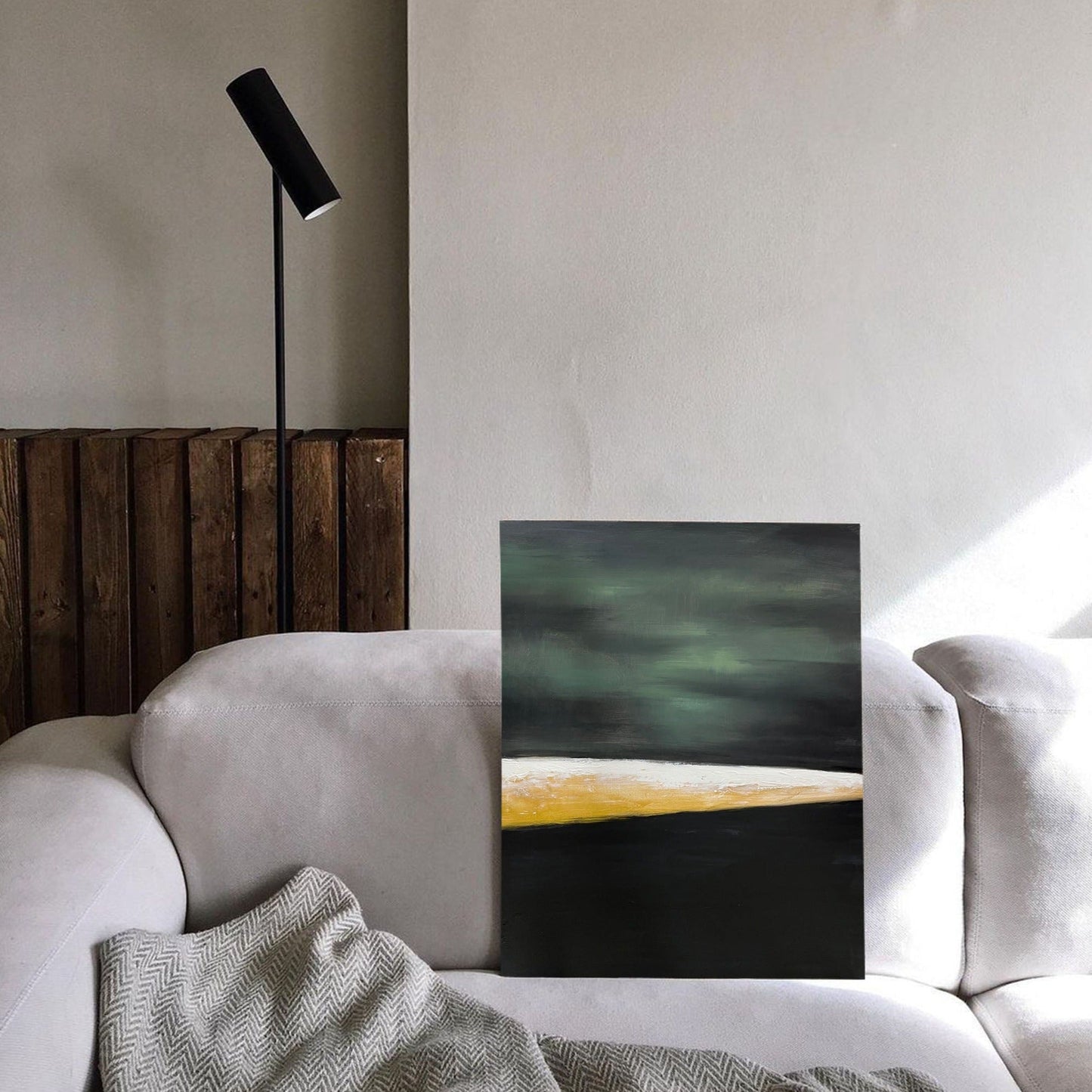 Contemporary Abstract Oil Painting with Green, Black, and Gold Tones for Modern Decor