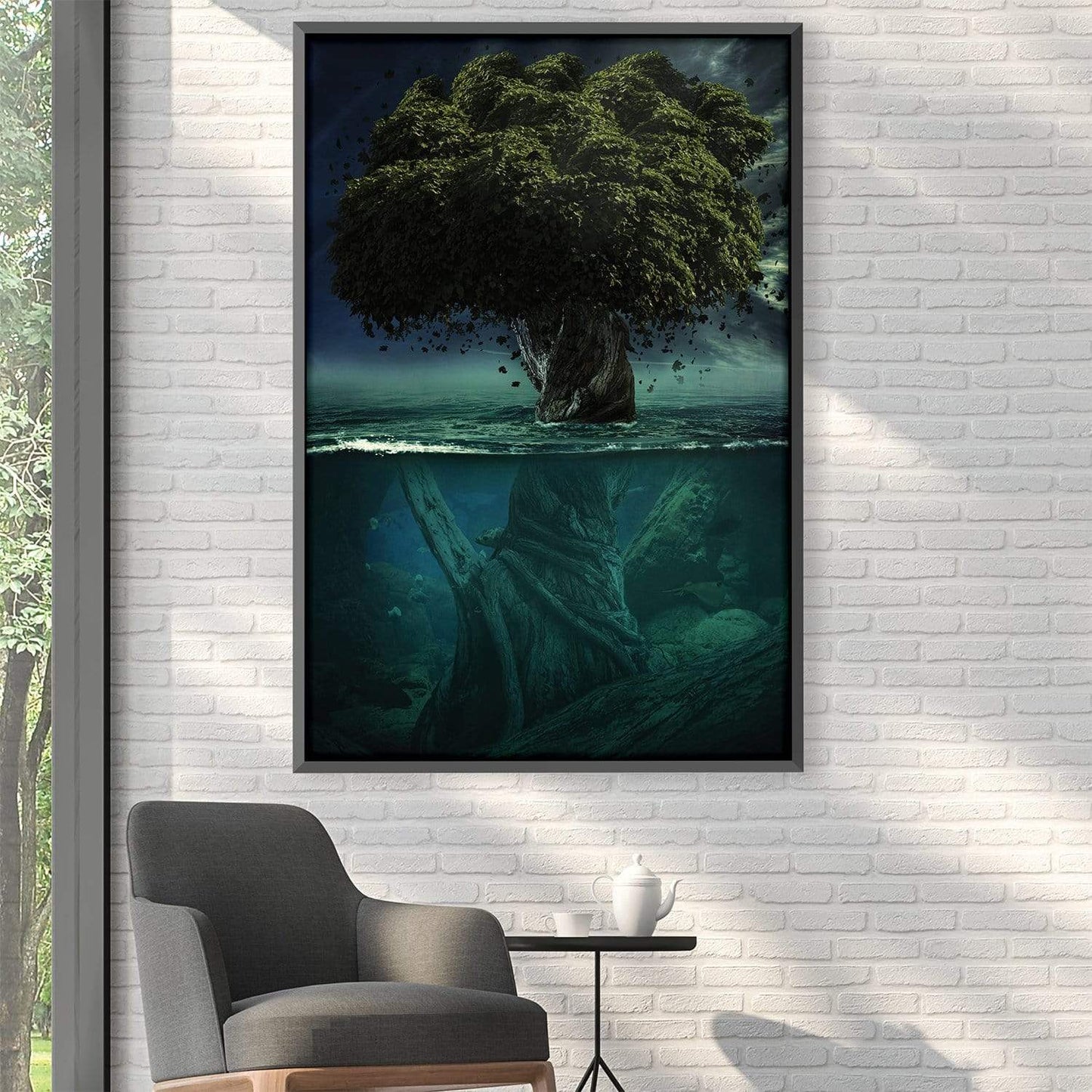 Enigmatic Tree Beneath Water: Deep Nature Oil Painting for Home Decor