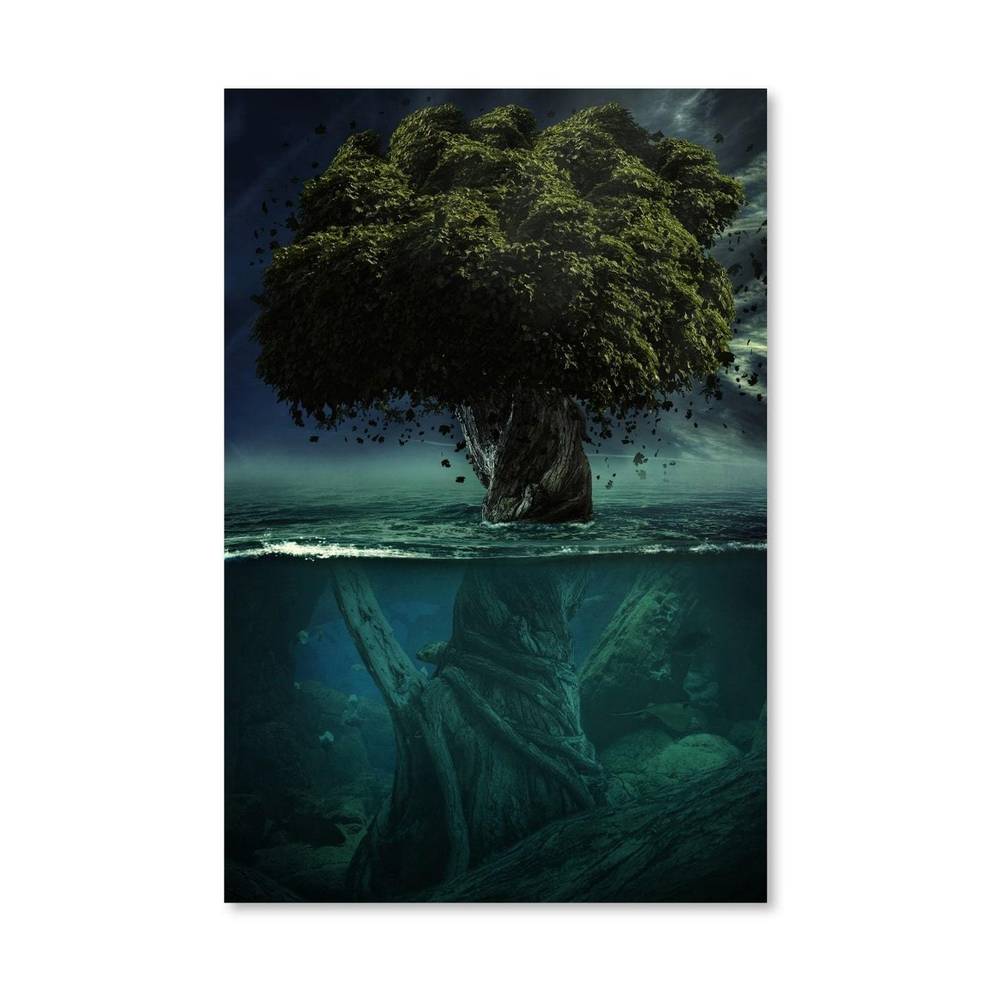 Enigmatic Tree Beneath Water: Deep Nature Oil Painting for Home Decor