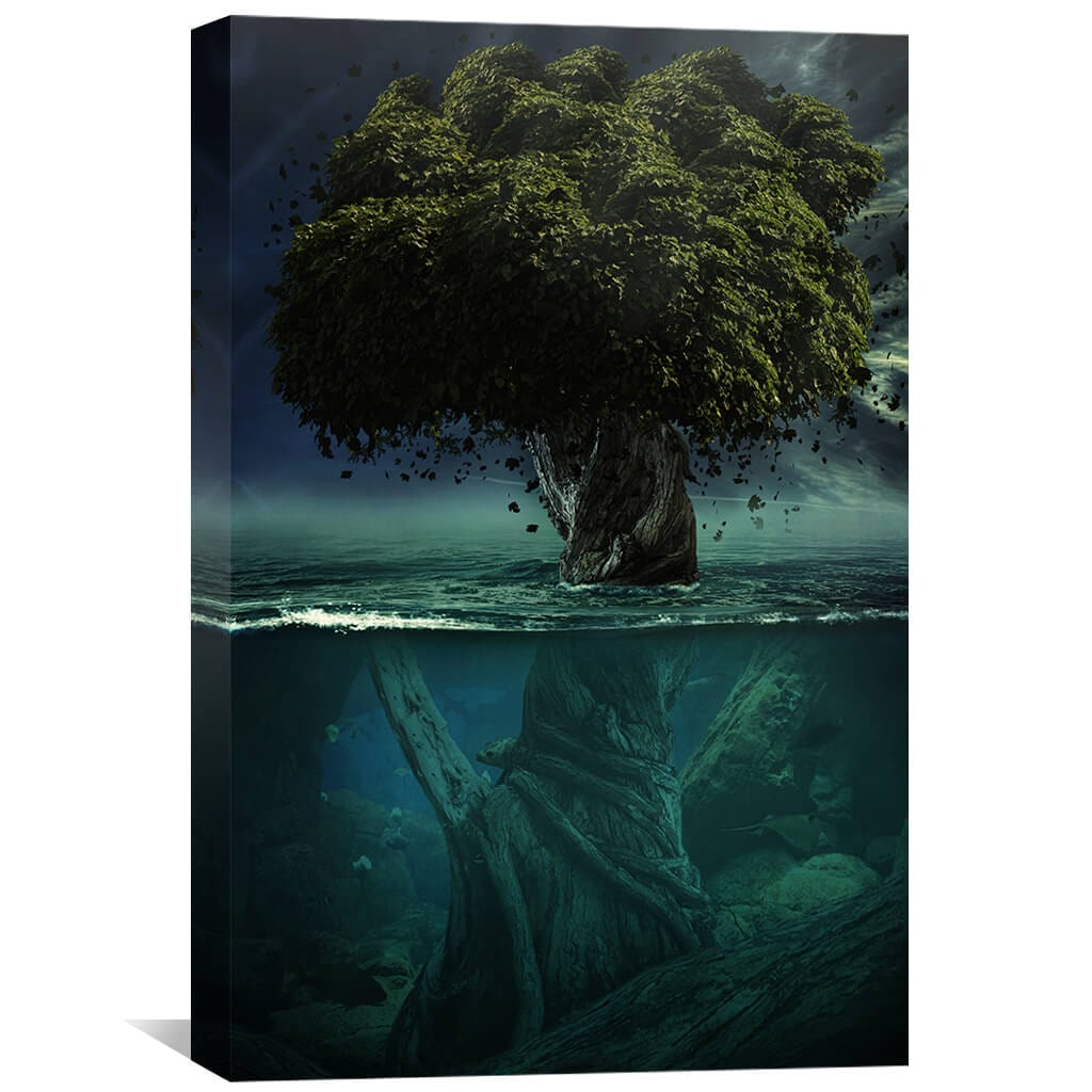 Enigmatic Tree Beneath Water: Deep Nature Oil Painting for Home Decor
