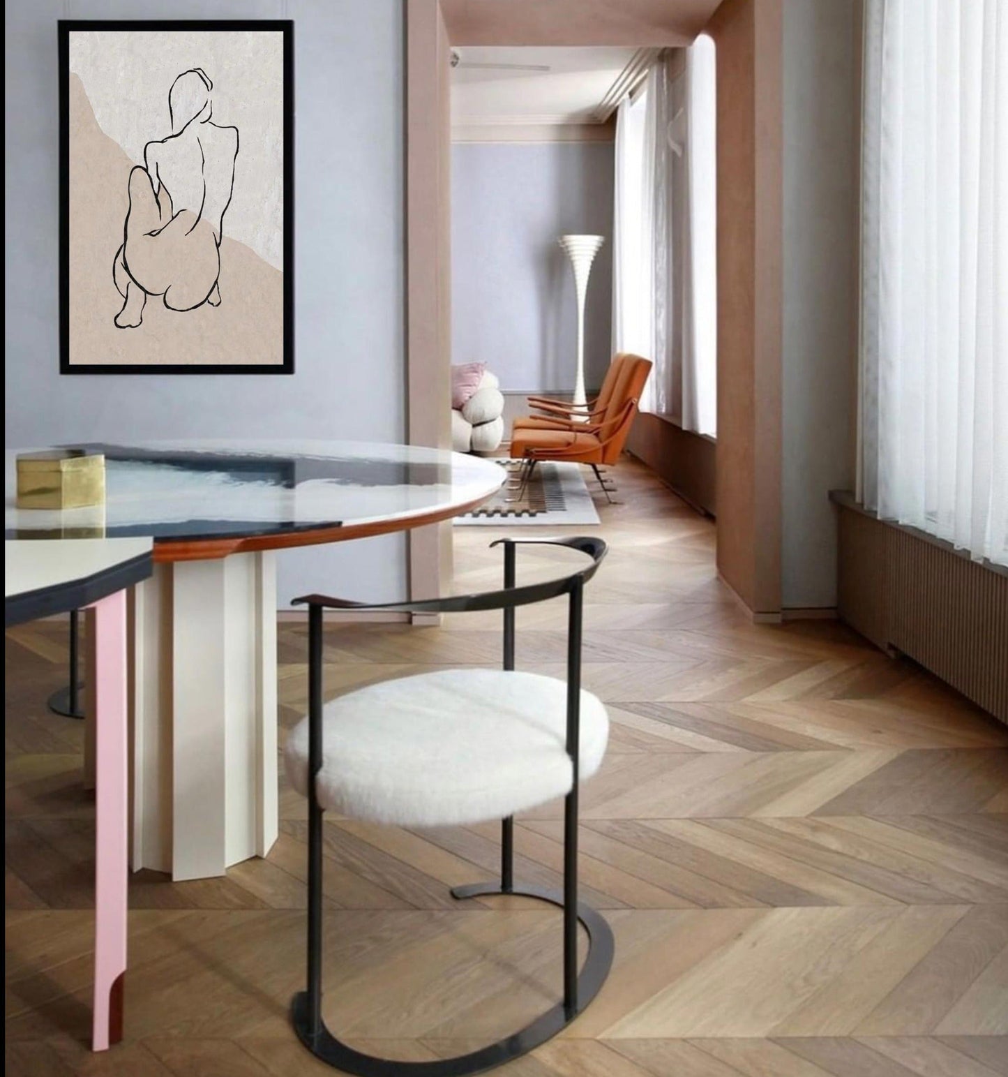 Chic Beige Abstract Oil Painting with Minimalist Line Art for Modern Decor
