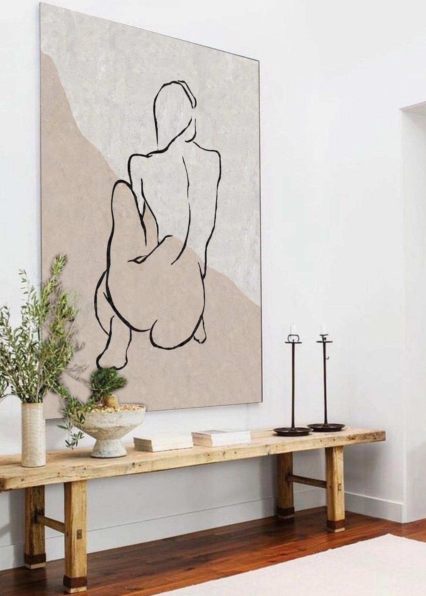 Chic Beige Abstract Oil Painting with Minimalist Line Art for Modern Decor