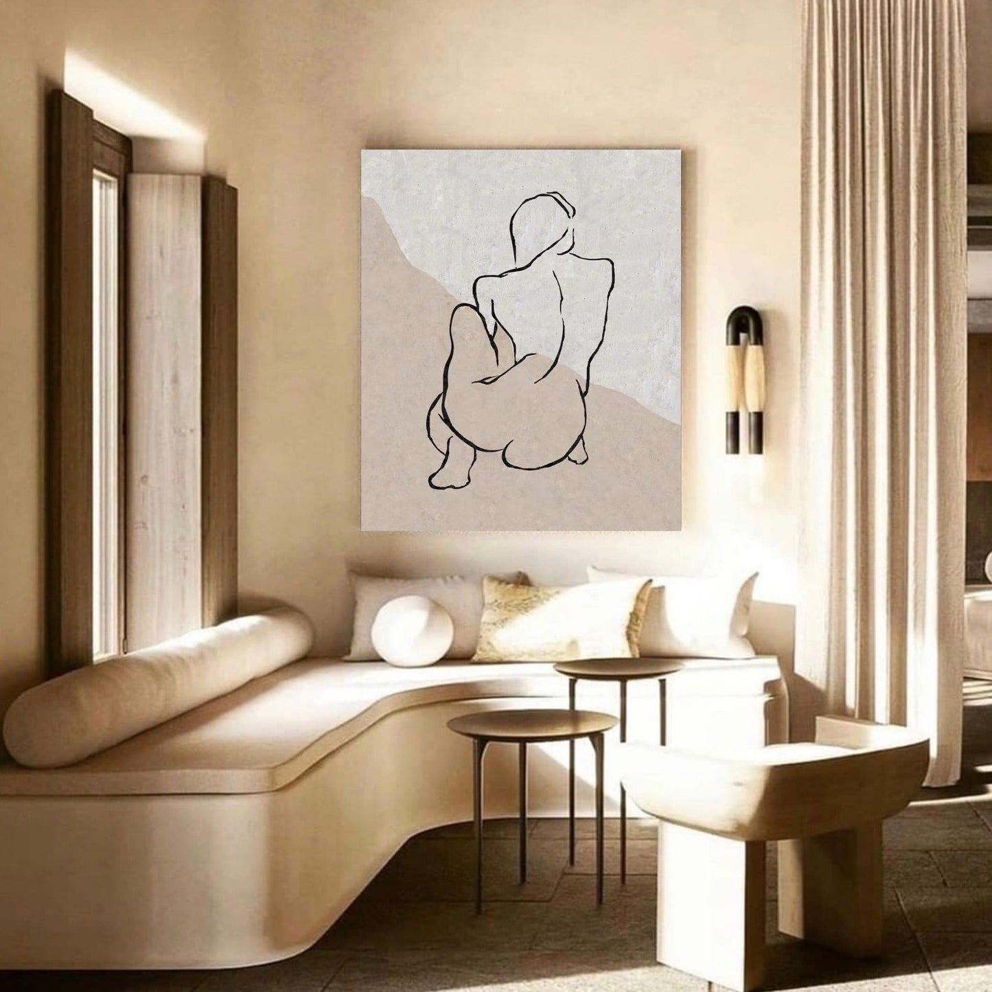 Chic Beige Abstract Oil Painting with Minimalist Line Art for Modern Decor