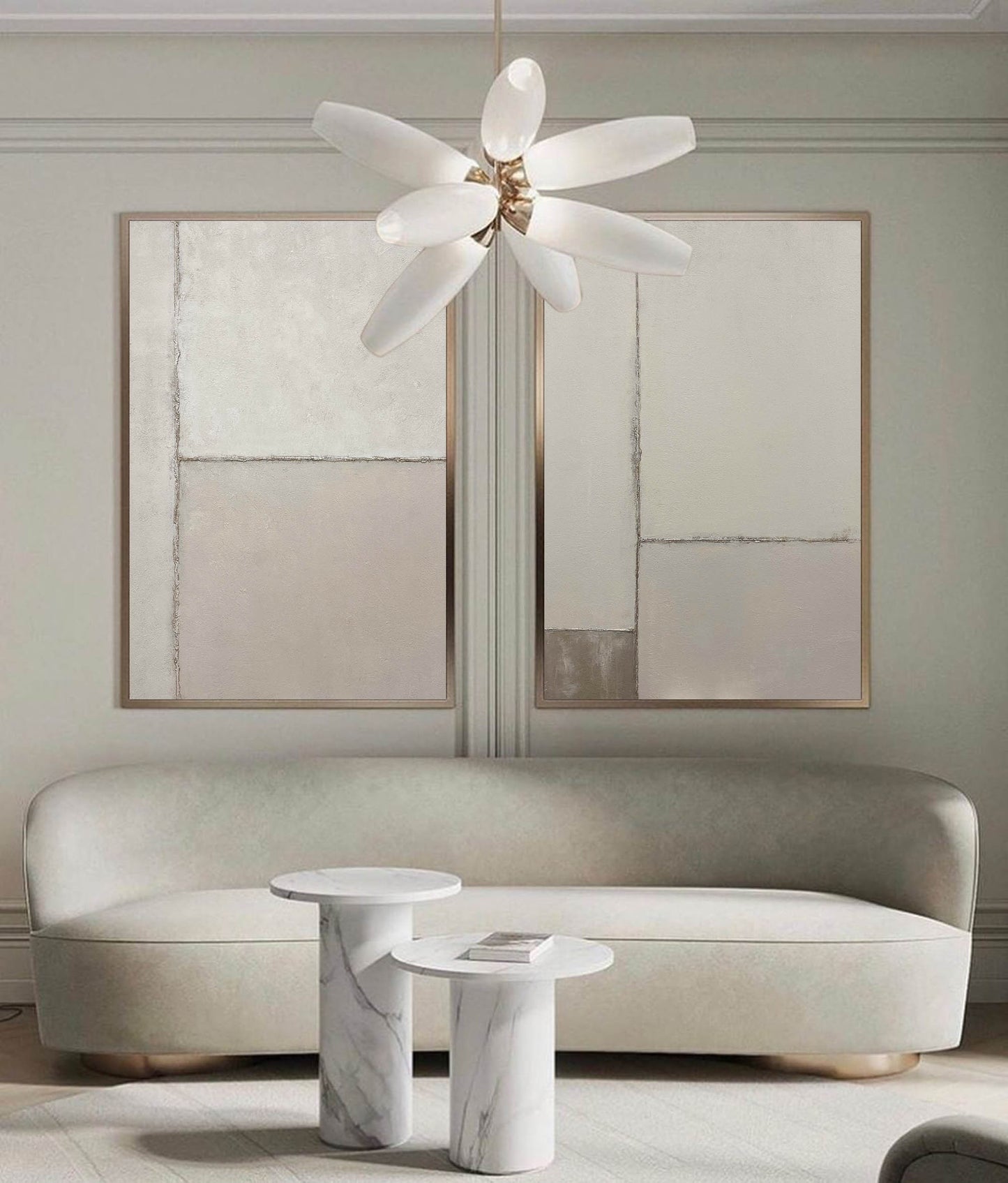 Contemporary Dual Panel Abstract Oil Painting in Soothing Neutral Tones