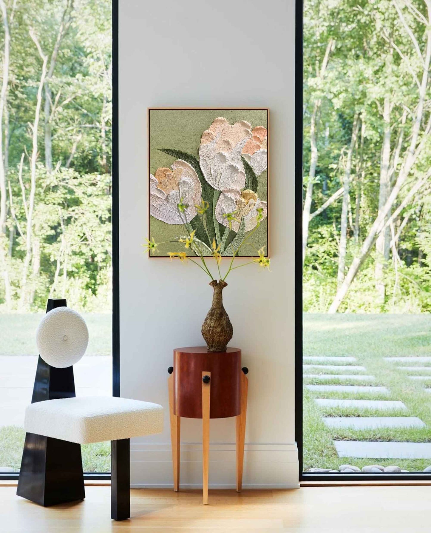 Elegant White Tulip Oil Painting on Green Canvas for Floral Home Decor