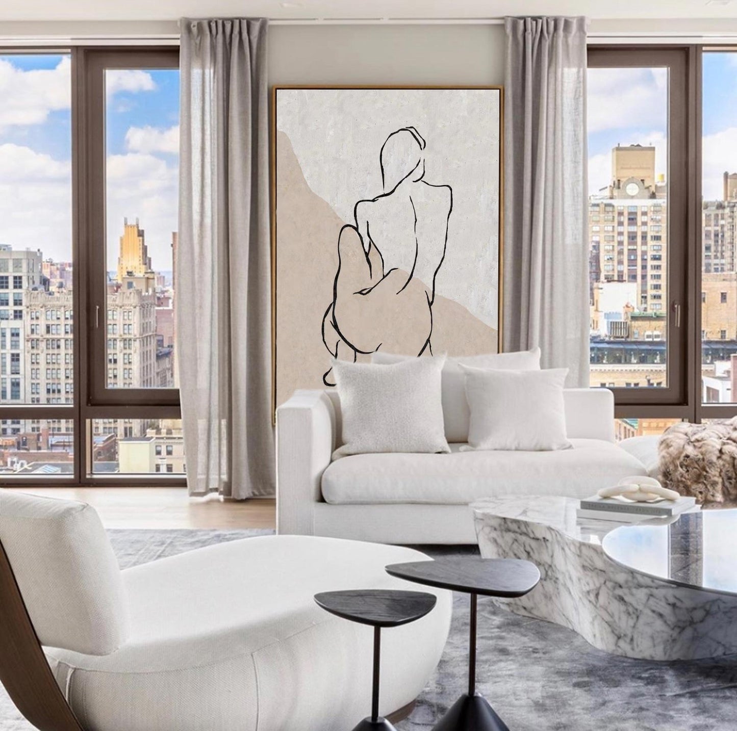 Chic Beige Abstract Oil Painting with Minimalist Line Art for Modern Decor