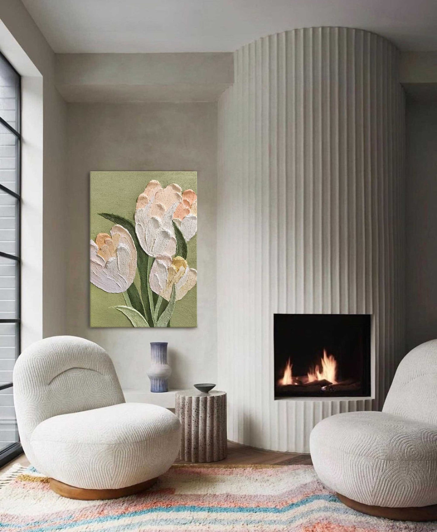 Elegant White Tulip Oil Painting on Green Canvas for Floral Home Decor