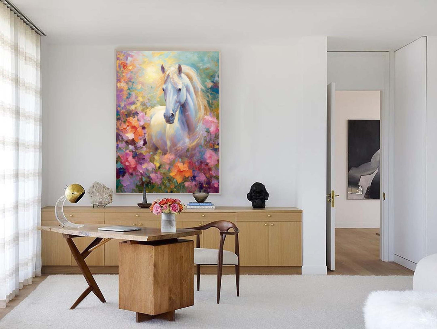 Majestic White Horse Oil Painting in Vibrant Floral Background