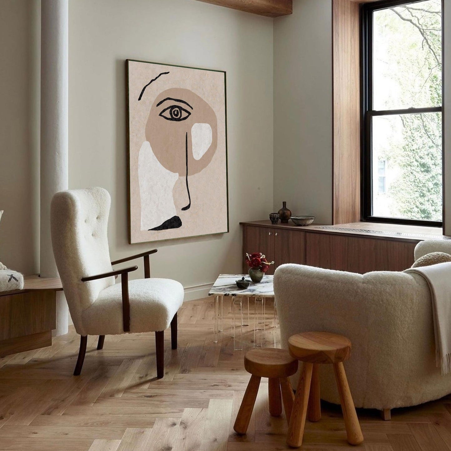 Contemporary Beige Abstract Face Art for Modern Home Decor