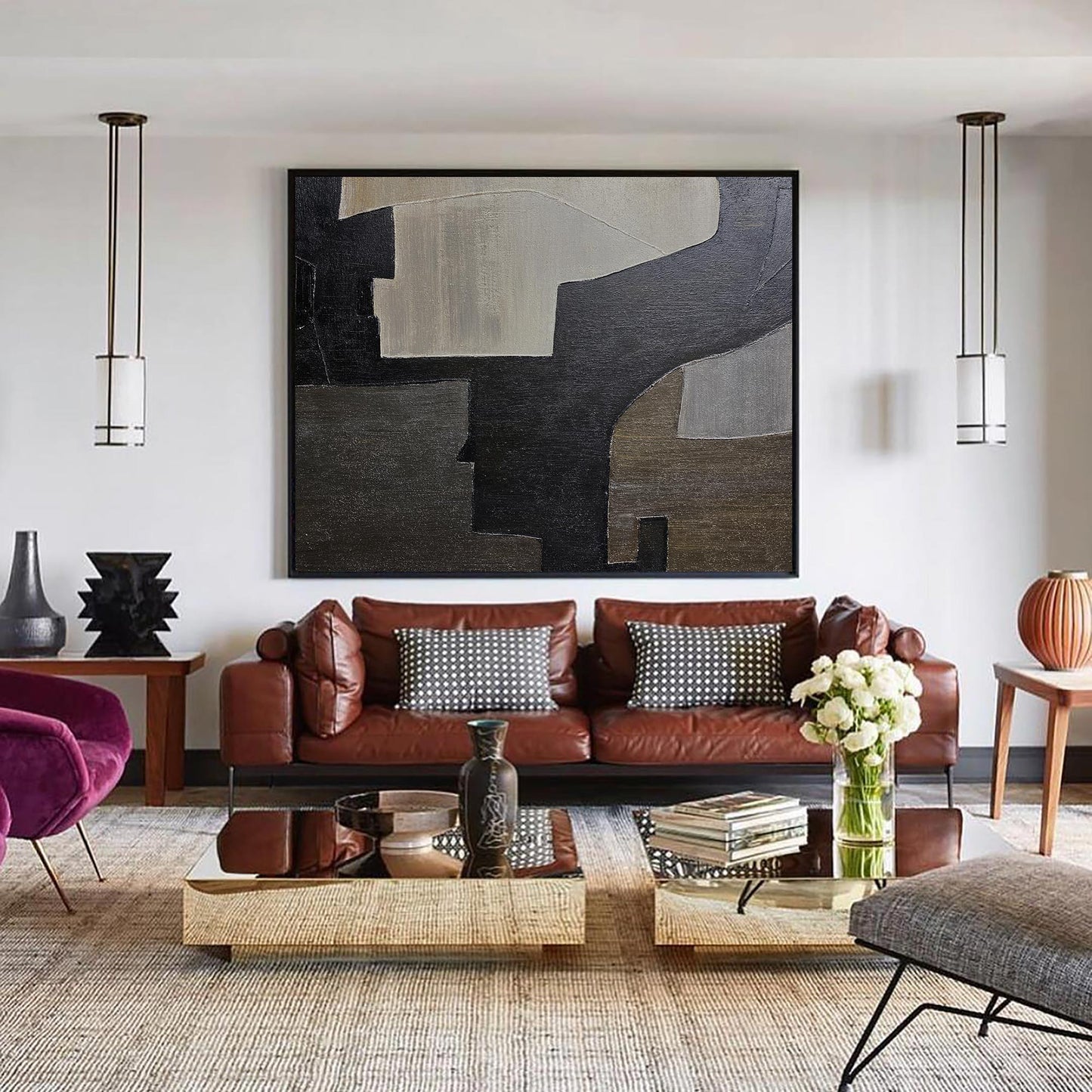 Contemporary Black and Grey Abstract Oil Painting for Modern Home Decor