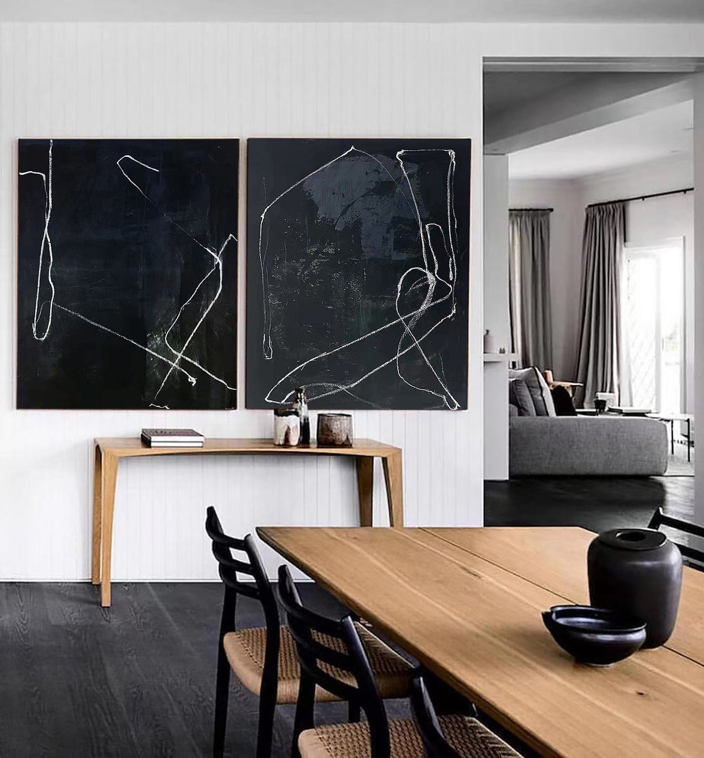 Elegant Black Abstract Oil Painting with Modern Minimalist Lines