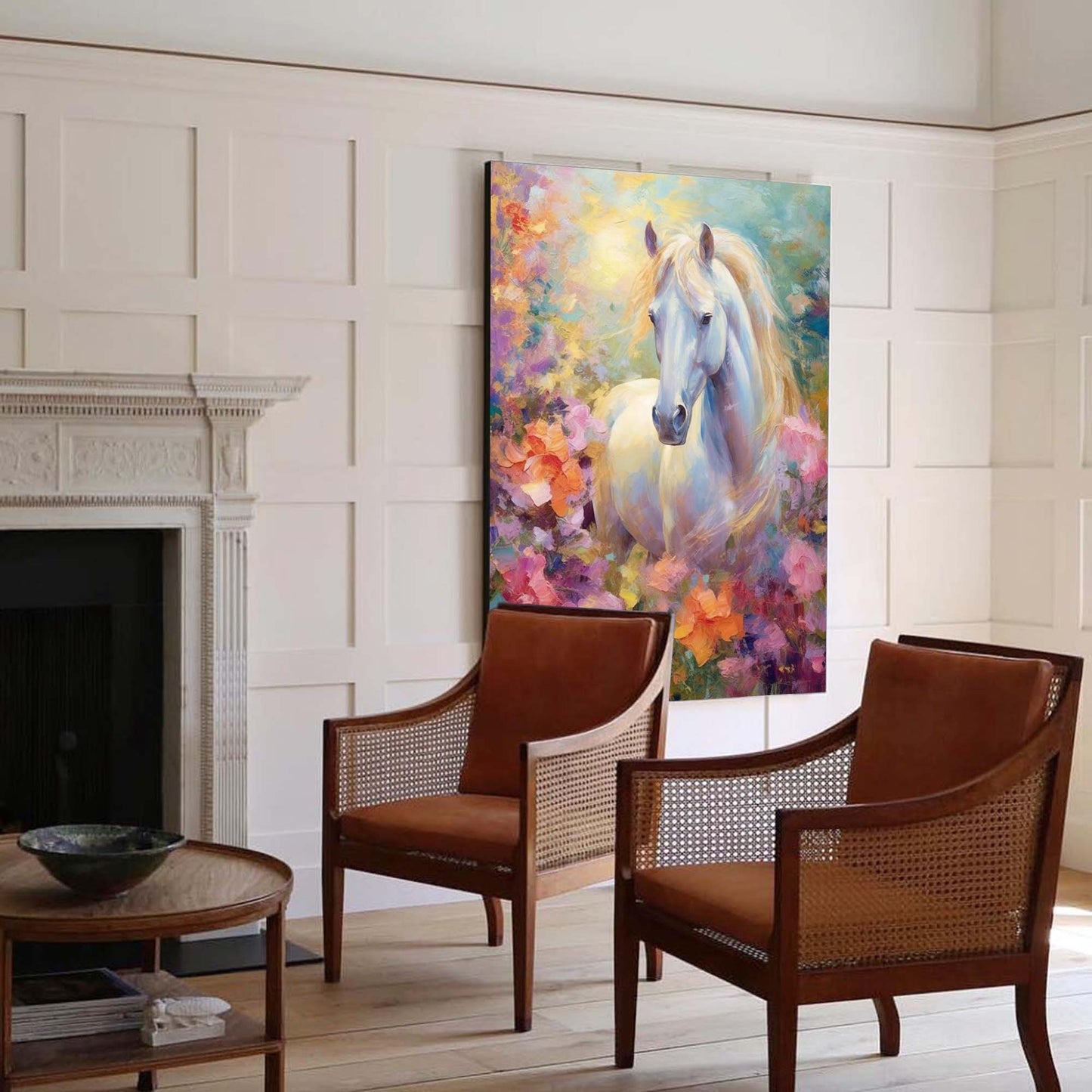 Majestic White Horse Oil Painting in Vibrant Floral Background