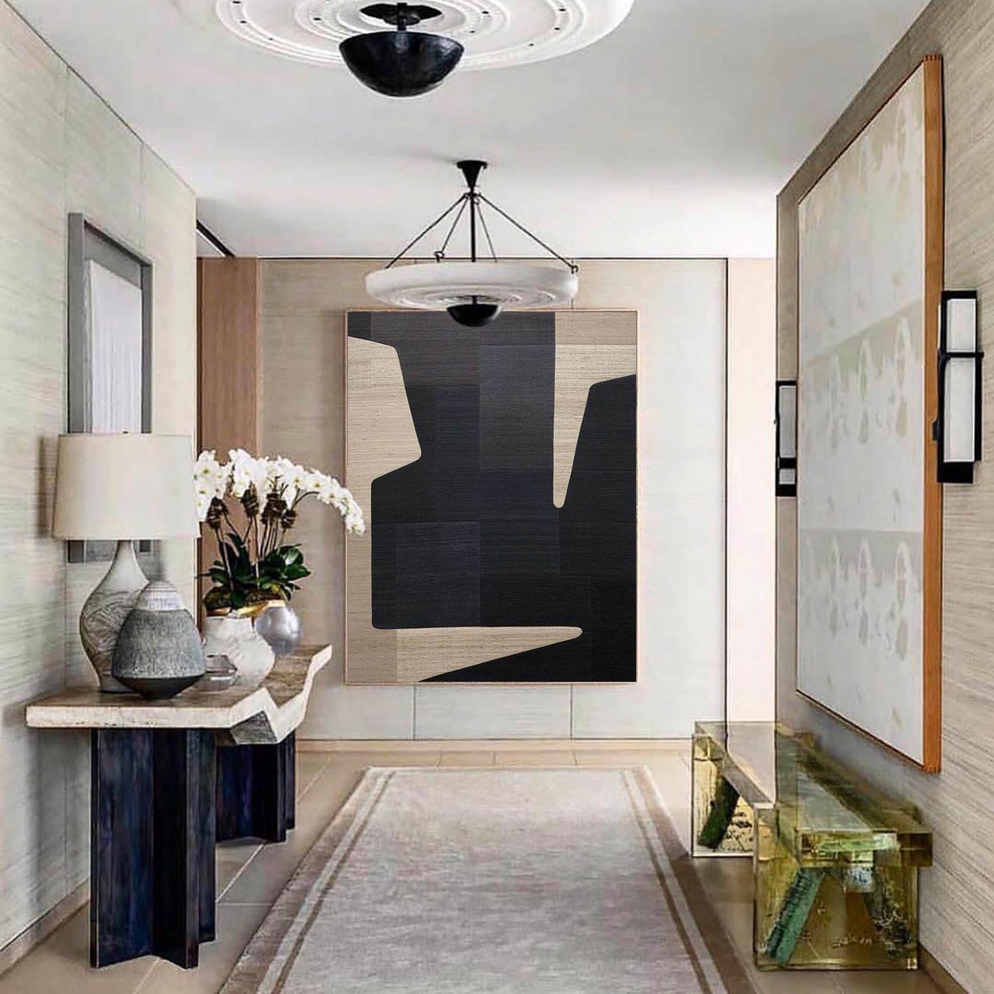 Contemporary Geometric Oil Painting in Bold Black and Neutral Tones for Modern Decor