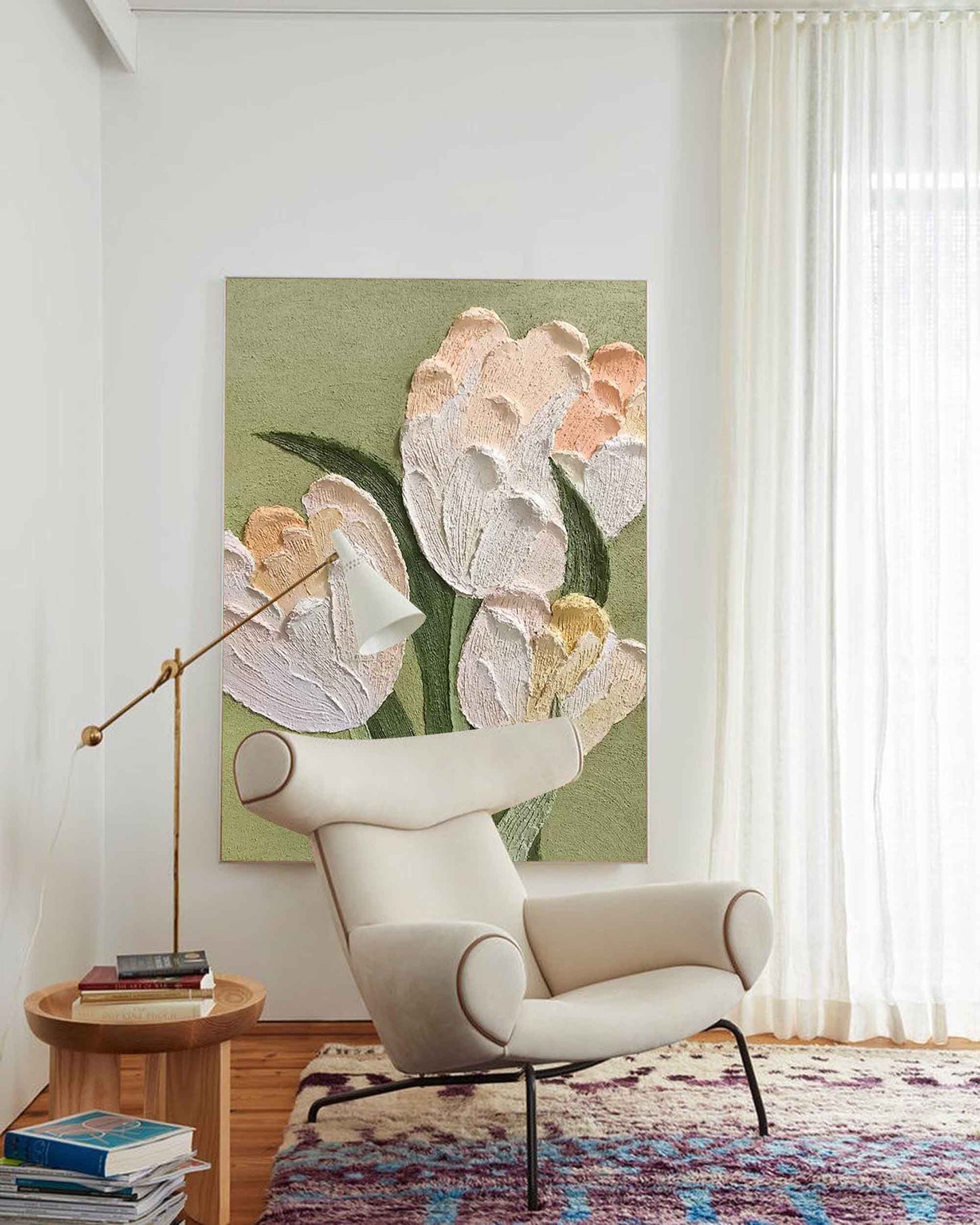 Elegant White Tulip Oil Painting on Green Canvas for Floral Home Decor