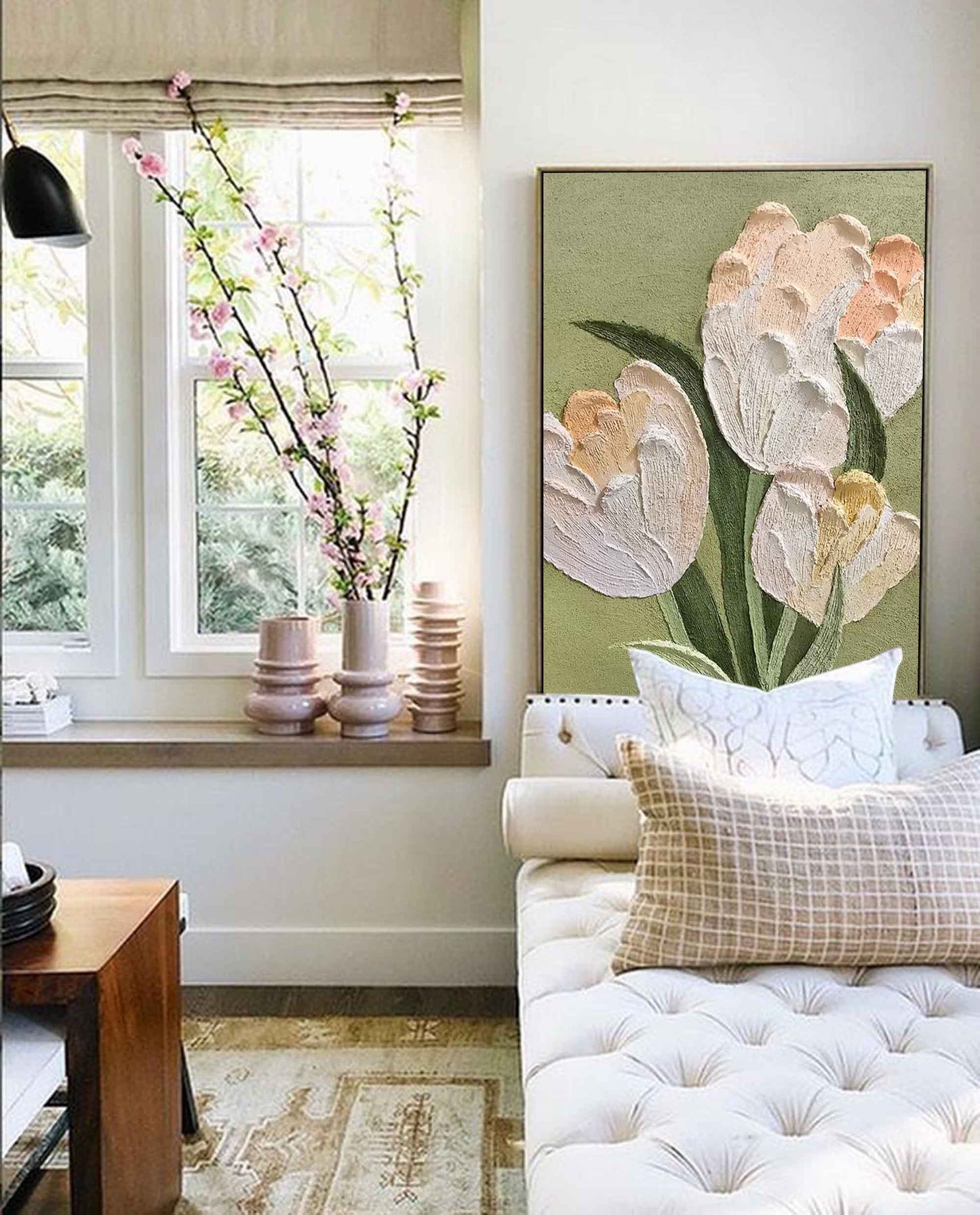 Elegant White Tulip Oil Painting on Green Canvas for Floral Home Decor