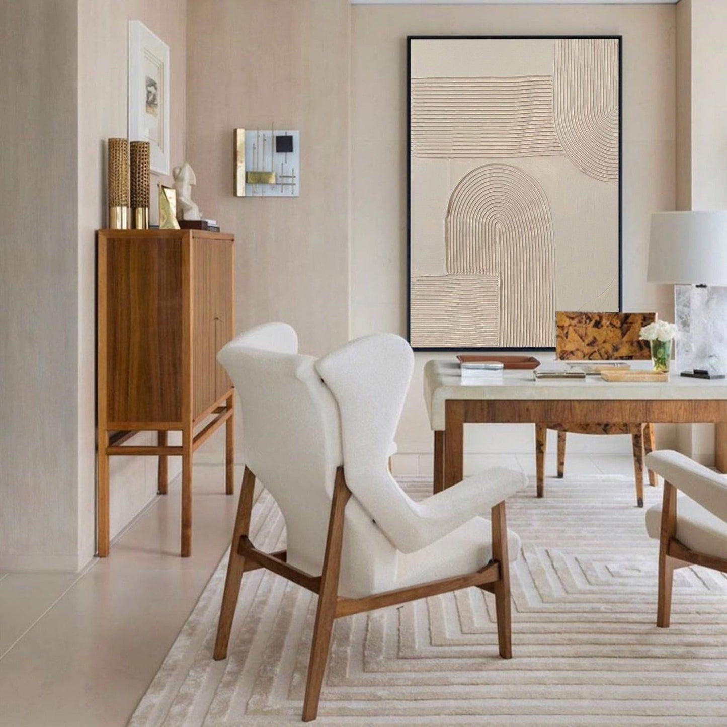Beige Minimalist Abstract Oil Painting for Modern Home Decor
