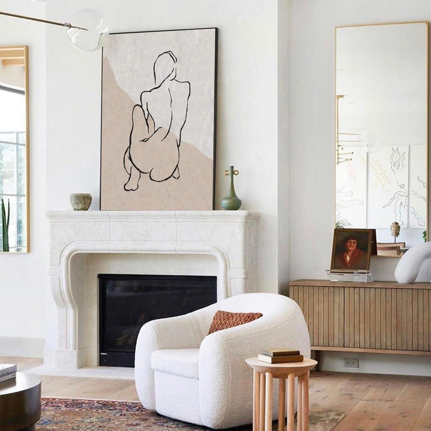 Chic Beige Abstract Oil Painting with Minimalist Line Art for Modern Decor