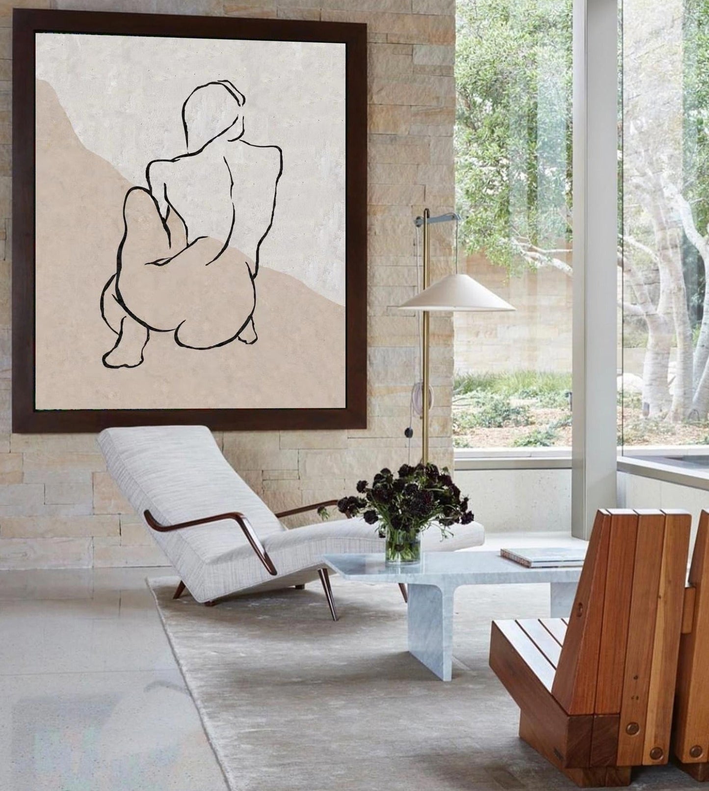 Chic Beige Abstract Oil Painting with Minimalist Line Art for Modern Decor